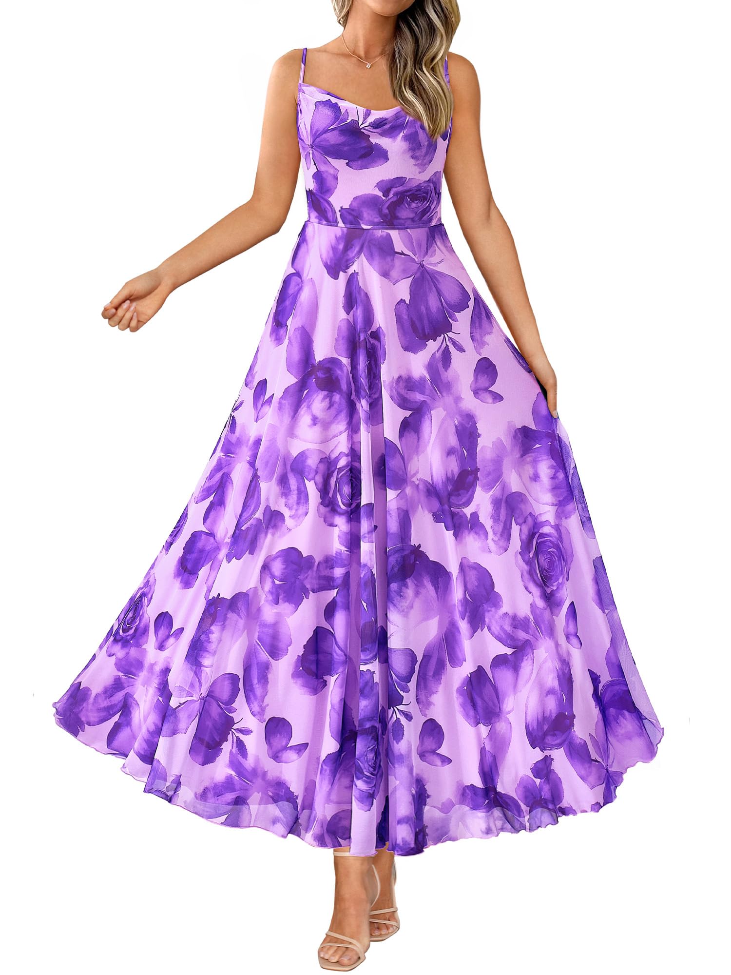 BTFBM Women Summer Floral Maxi Dresses Elegant Spaghetti Strap Dress Printed Party Dress Beach Long Dresses(Green Big Floral,X-Large)