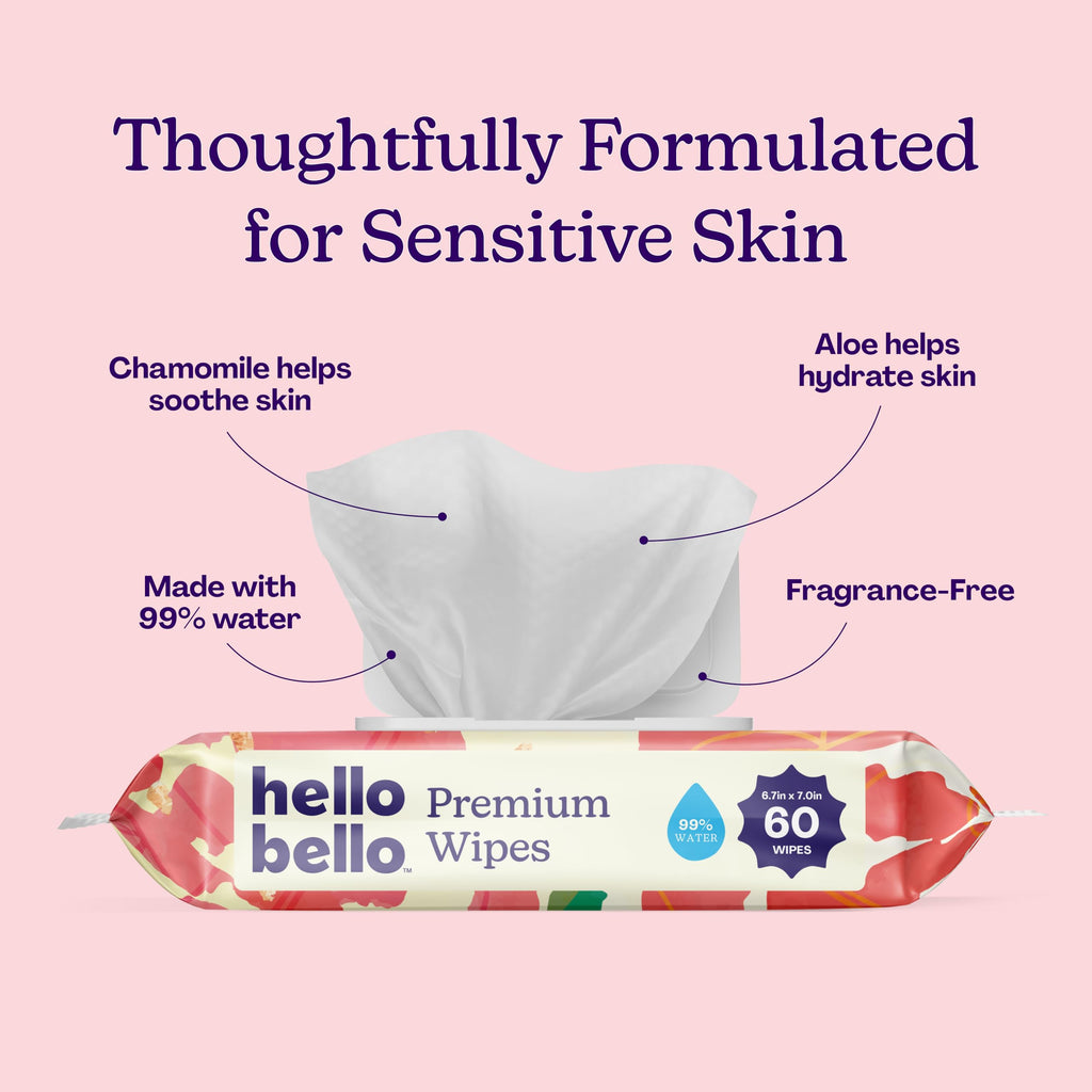 Hello Bello Premium Wipes, Designed for Sensitive Skin with Chamomile & Aloe Extracts, Rosy Posy (12 Resealable Packets = 720 Total Wipes)
