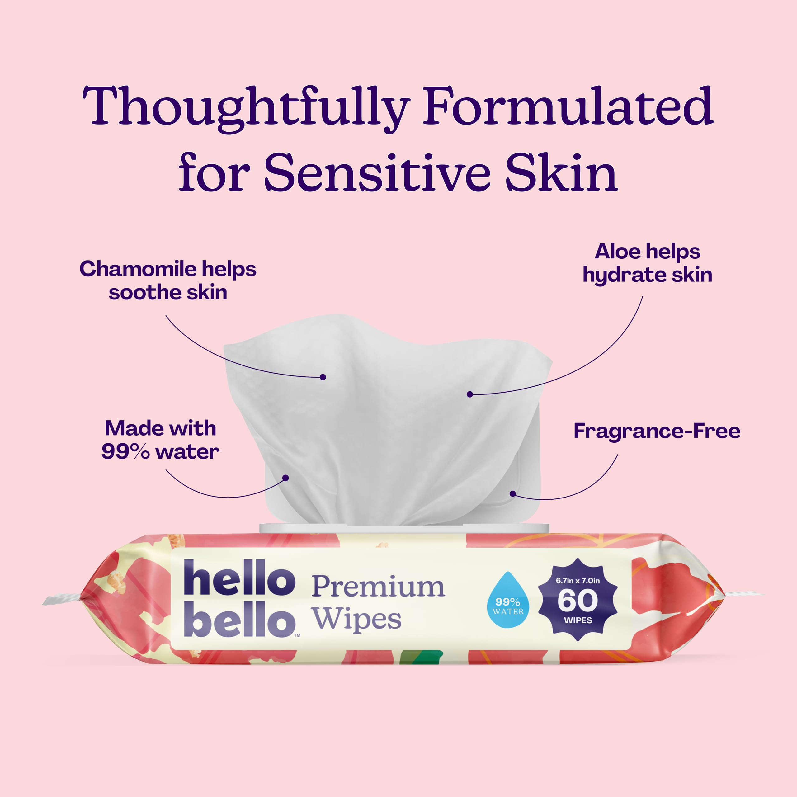 Hello Bello Premium Wipes, Designed for Sensitive Skin with Chamomile & Aloe Extracts, Rosy Posy (12 Resealable Packets = 720 Total Wipes)