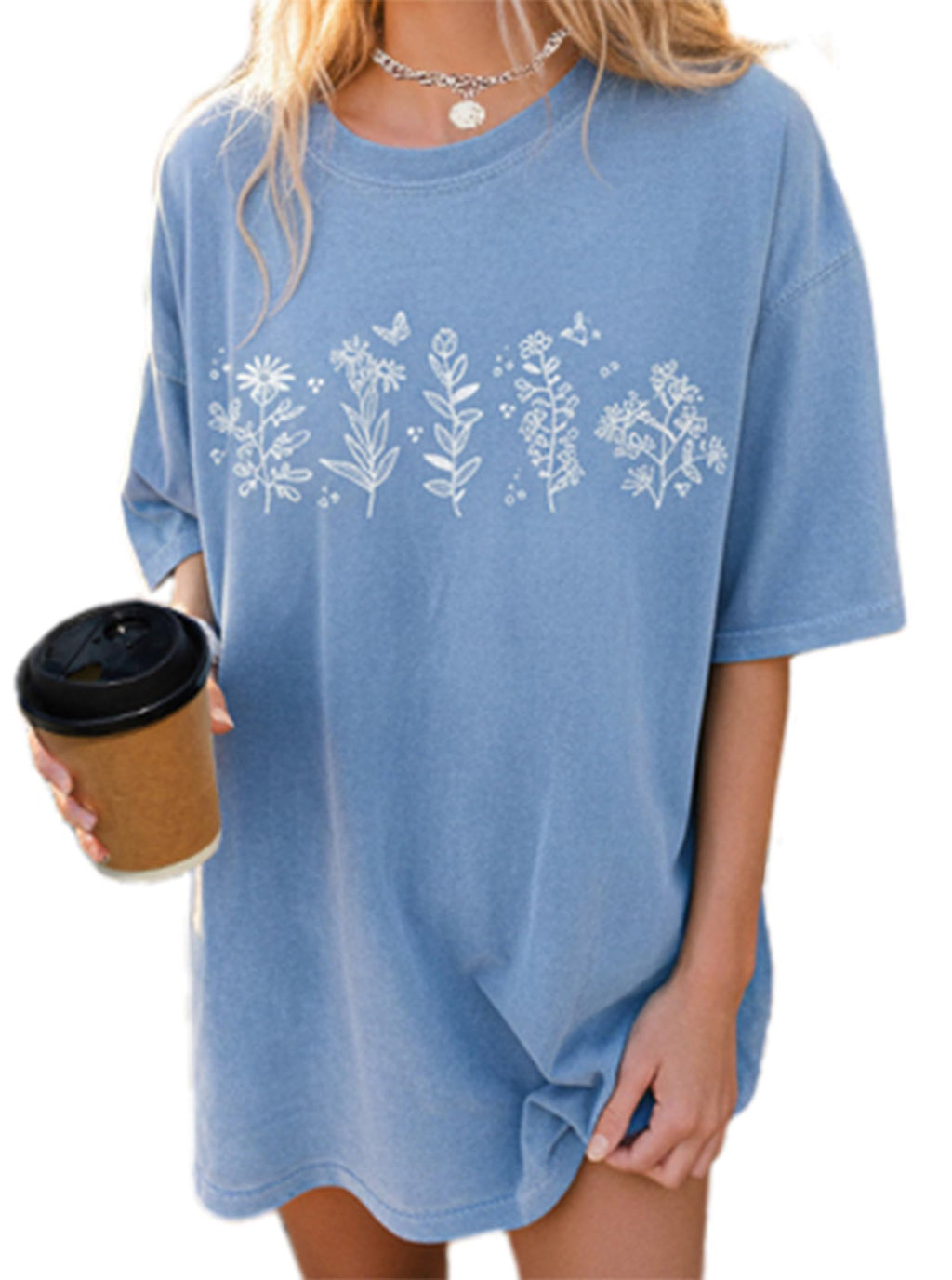 Remidoo Women's Casual Oversized Tshirt Short Sleeve Graphic Tee Flower Loose Shirts Blue Small