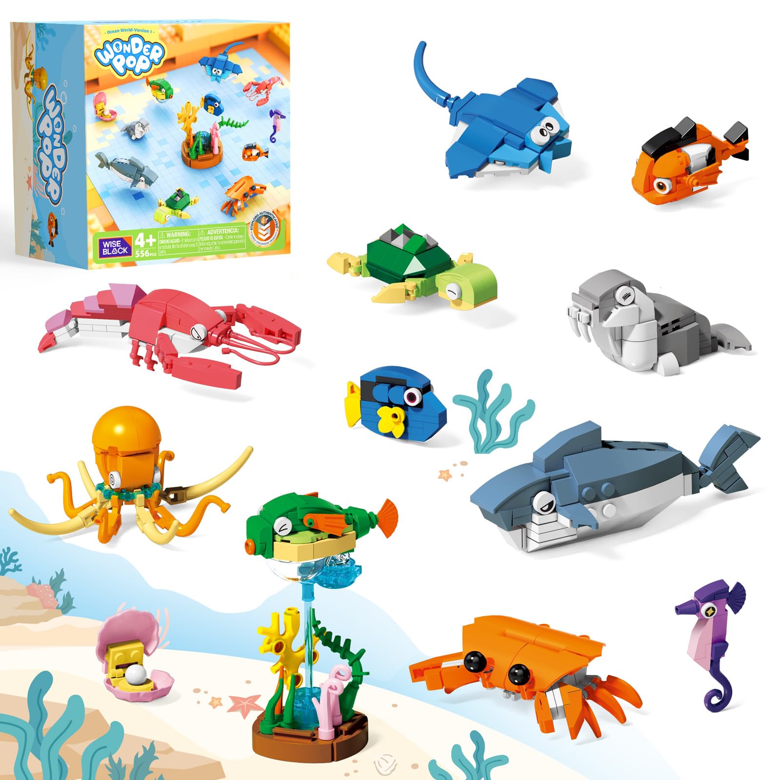 Wise Block Ocean World Building Set, 556 Pcs Sea Animals Building Toy, Educational STEM Learning Toys Party Favors for Girls Boys, Ages 4+, Birthday Gift Toddler Beach Toy with Shark, Turtle, Fish