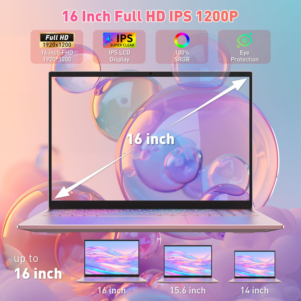 Auusda 16" FHD Traditional Laptop Computers, i3 Processor, WiFi 6 Bluetooth 5.3, Laptops Notebook for Home Office Study, Type-C, Backlit Keyboard, Fingerprint Unlock, Win11 Pro 16GB RAM 1TB SSD Pink