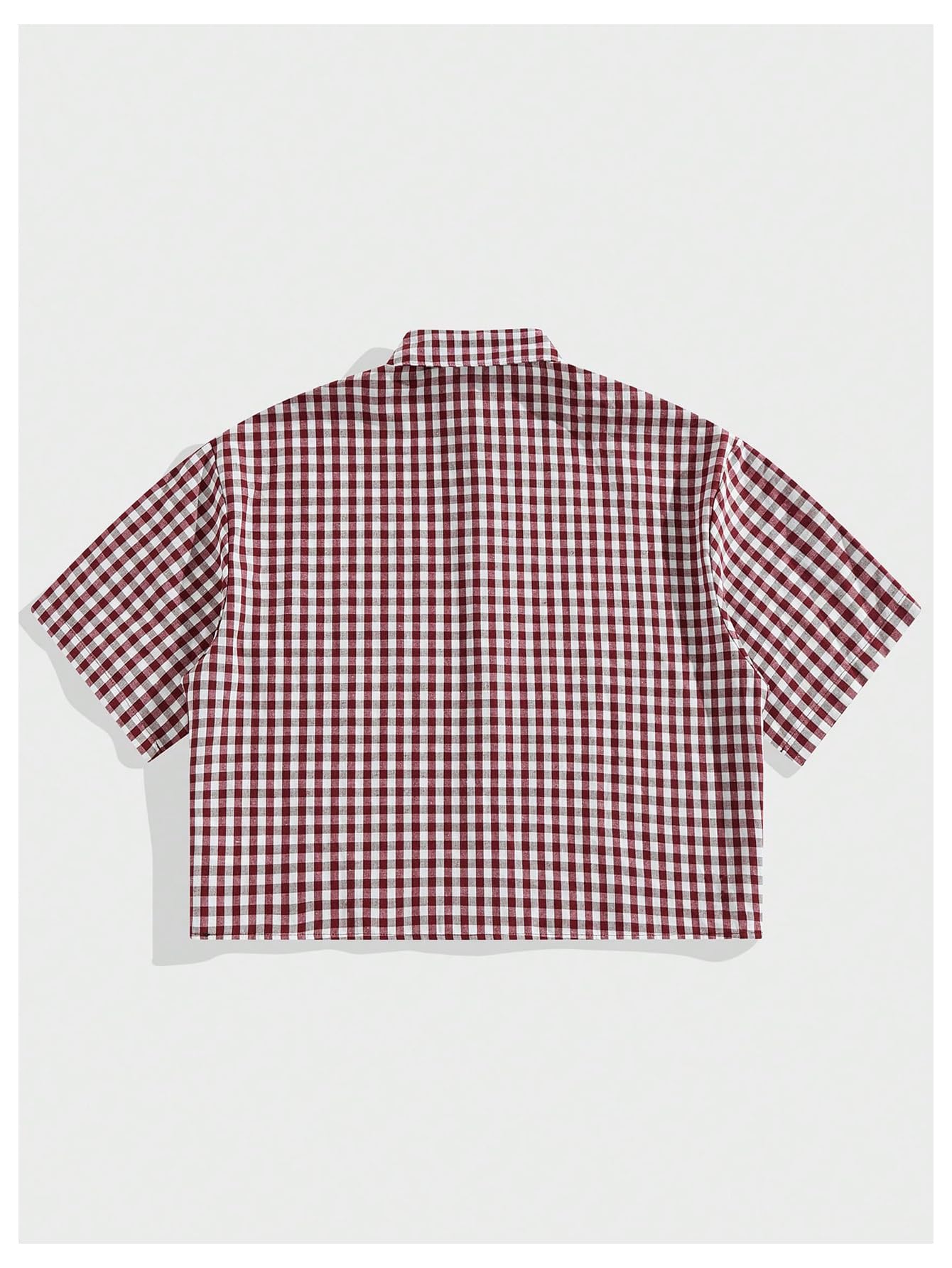 SHENHE Men's Plaid Button Down Short Sleeve Cropped Shirt Gingham Collared Shirt Top Red XX-Small