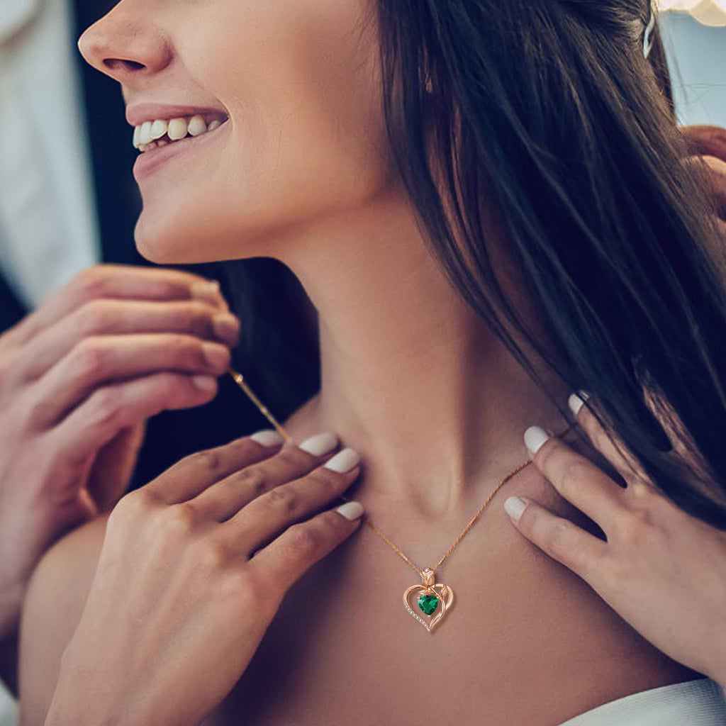 1.2CT Rose Heart Lab-Grown Emerald Necklace for Women Jewelry D Color VVS1 S925 Sterling Silver 18K Rose Gold Plated Necklace for Wife Girlfriend Mom Daughter Wedding Anniversary Christmas Birthday Gift for Women Engraved I Love You