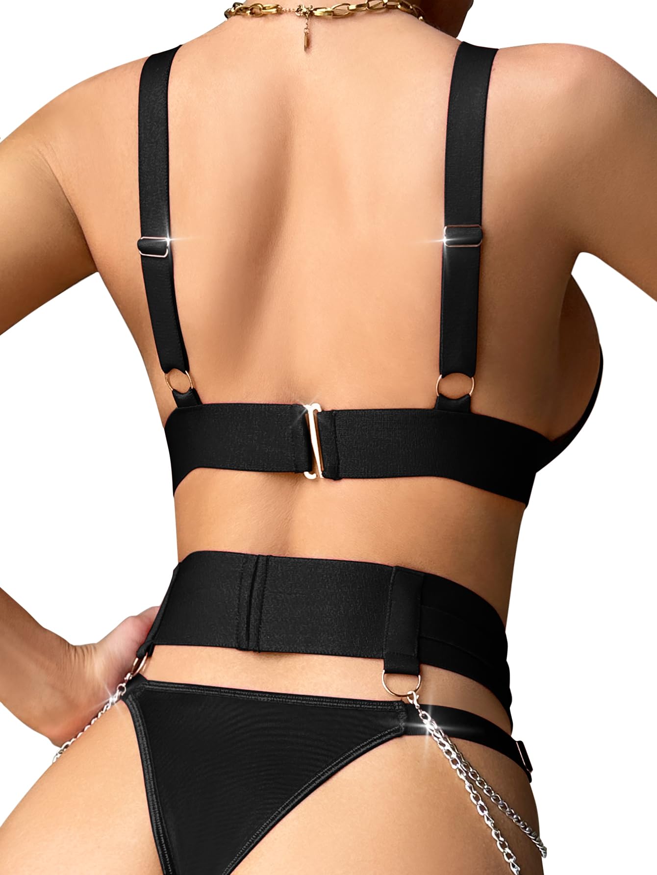 Lilosy Petite Sexy Chain Strappy Garter Belt Women Lingerie Set Rave Outfits Harness Bra Panty 3 Piece Black 3X-Small
