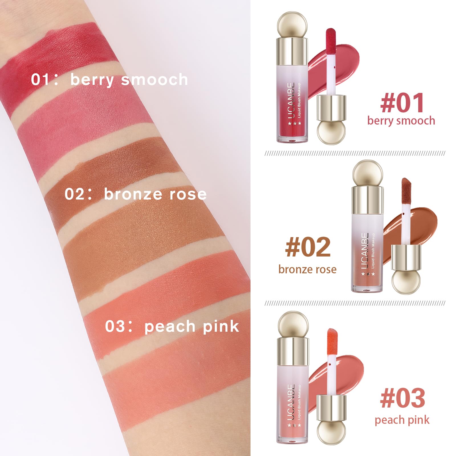 UCANBE 3 PCS Liquid Blush Makeup Set, Blendable Soft Cream Face Blush for Cheeks, Natural Matte Finish Looking Long-Wearing Smudge-Proof Moisturizing Makeup(01)