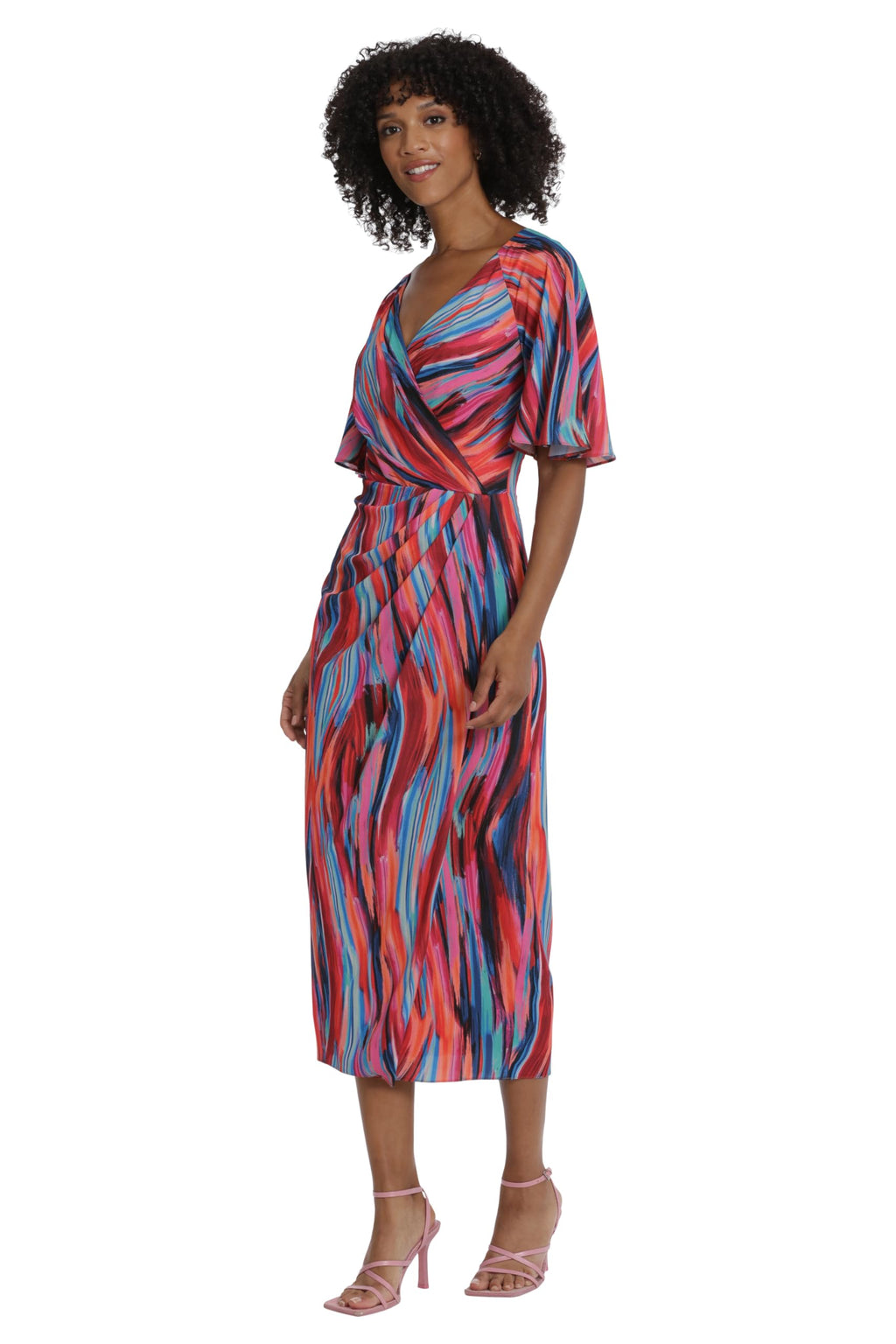 Maggy London Women's Dresses Short Flutter Sleeve Faux Wrap Midi Dress