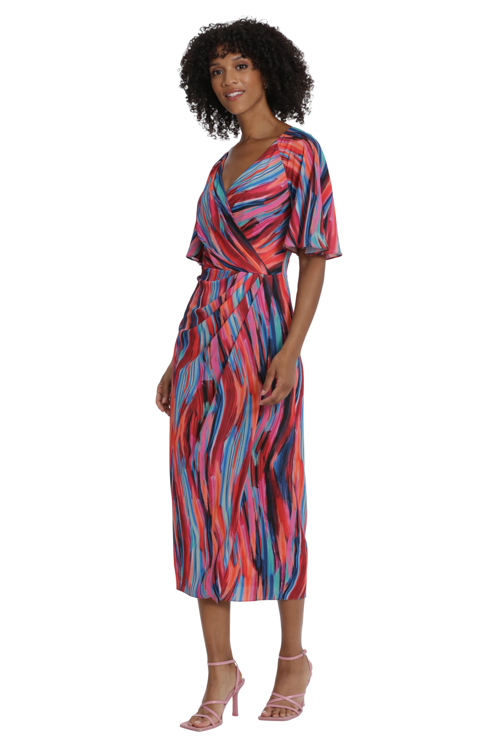 Maggy London Women's Dresses Short Flutter Sleeve Faux Wrap Midi Dress