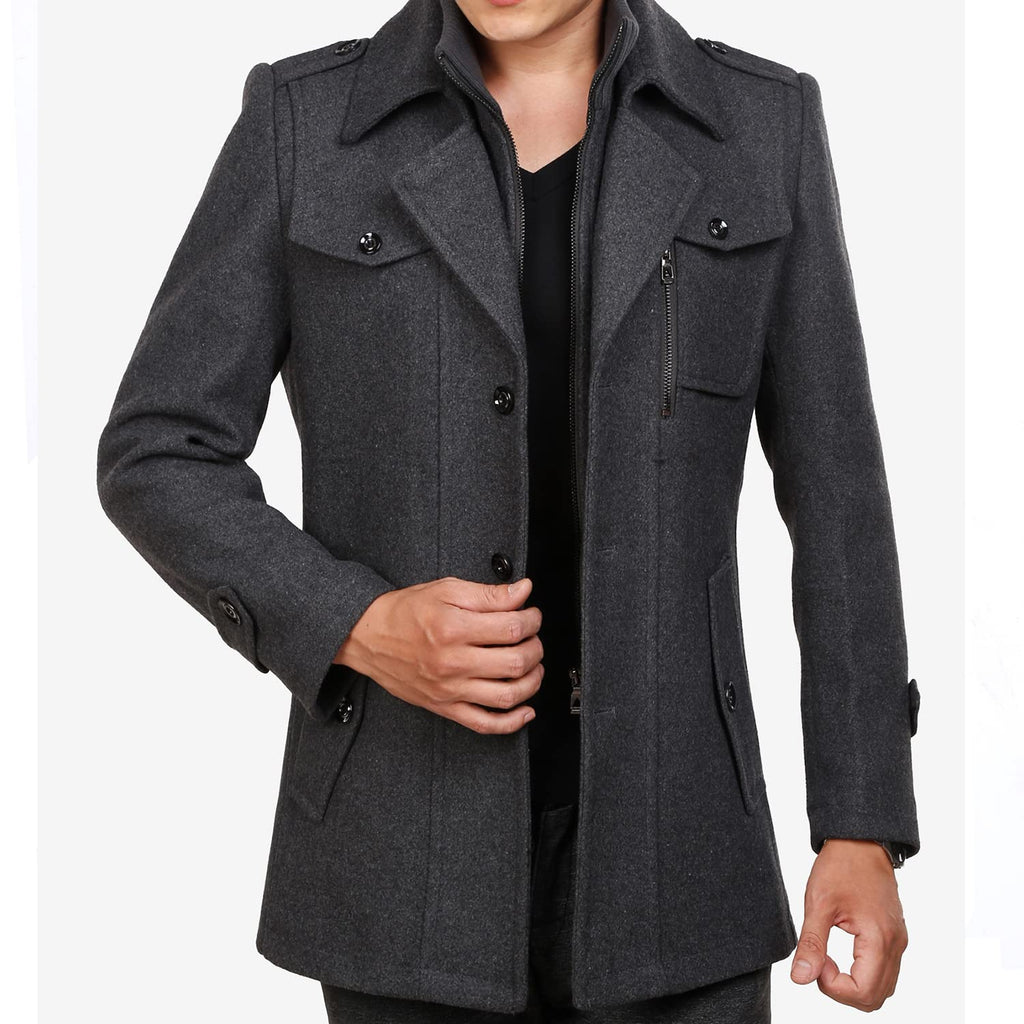 INVACHI Men's Wool Blend Coat Double Collar Trench Coat Single Breasted Overcoat for Autumn Winter