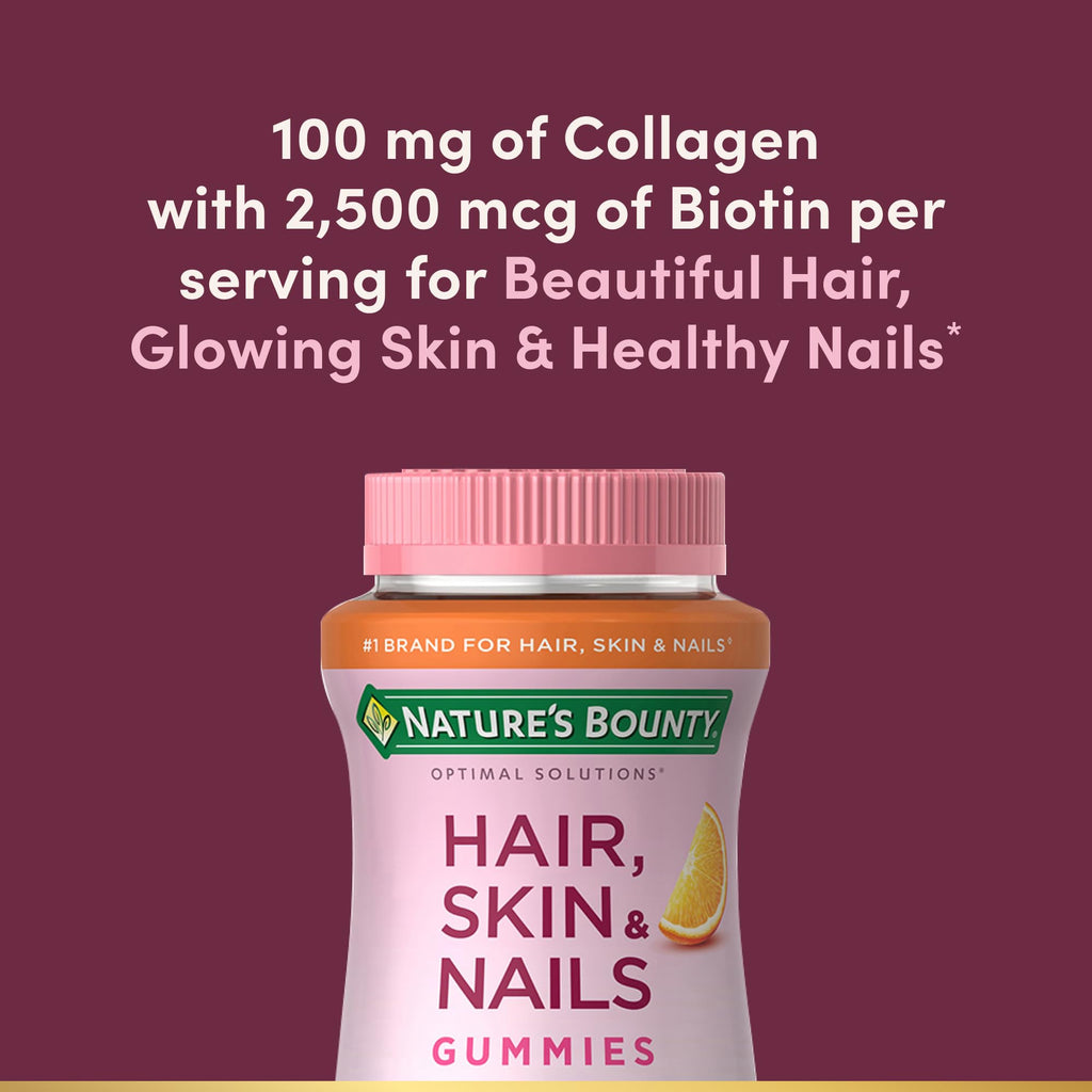 Nature's Bounty Hair, Skin & Nails with Biotin and Collagen, Citrus-Flavored Gummies Vitamin Supplement, Supports Hair, Skin, and Nail Health for Women, 2500 mcg, 80 Ct (2 Pack), 80 Total Servings