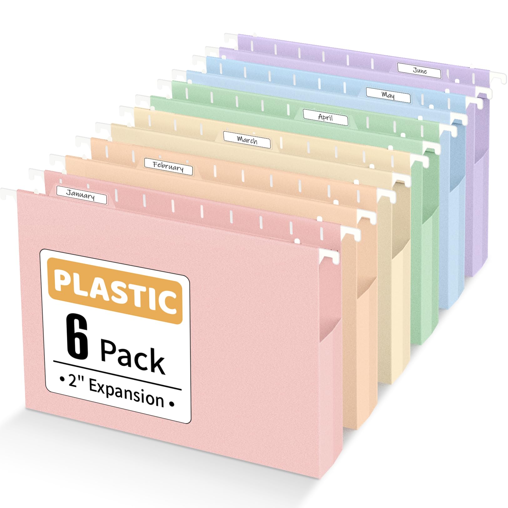 Sooez Extra Capacity Plastic Hanging File Folders, 6 Count Expanding File Folders Letter Size with 2" Expansion, File Organizer with 1/6-Cut Adjustable Tab for File Cabinet, Drawer, Pastels Colors