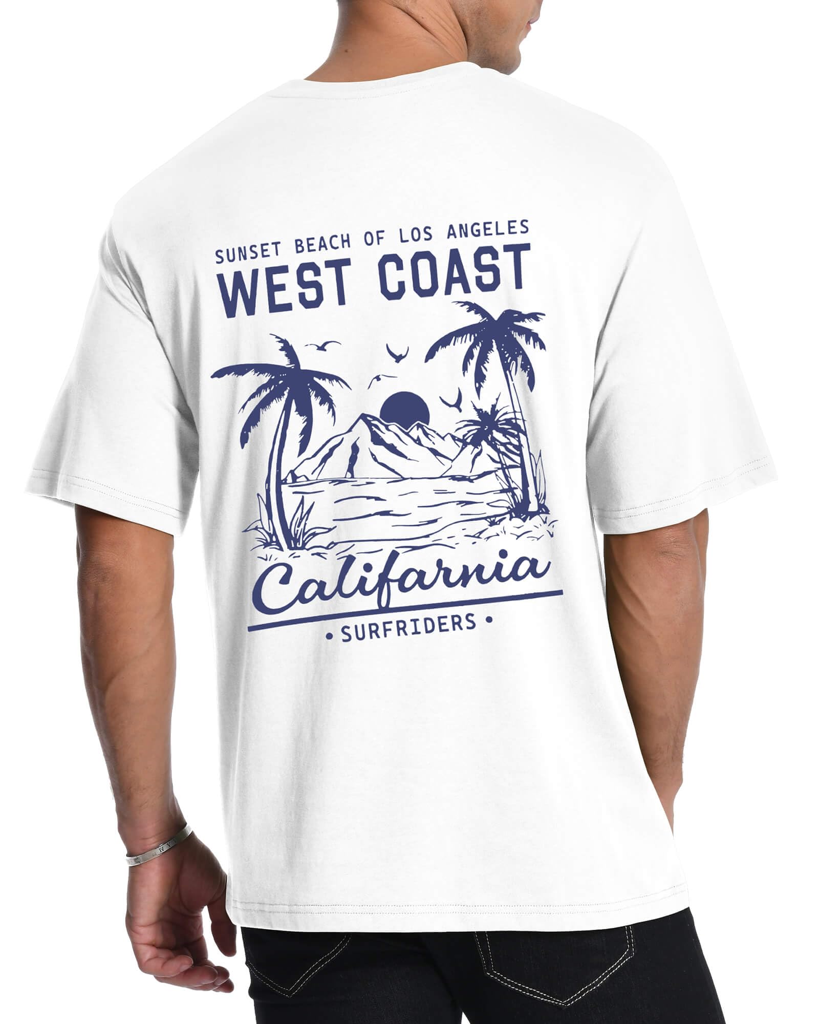 Mens Graphic T-Shirts Short Sleeve WEST Coast Palm Tree Print Summer Top 100% Cotton Casual California Tees for Men White