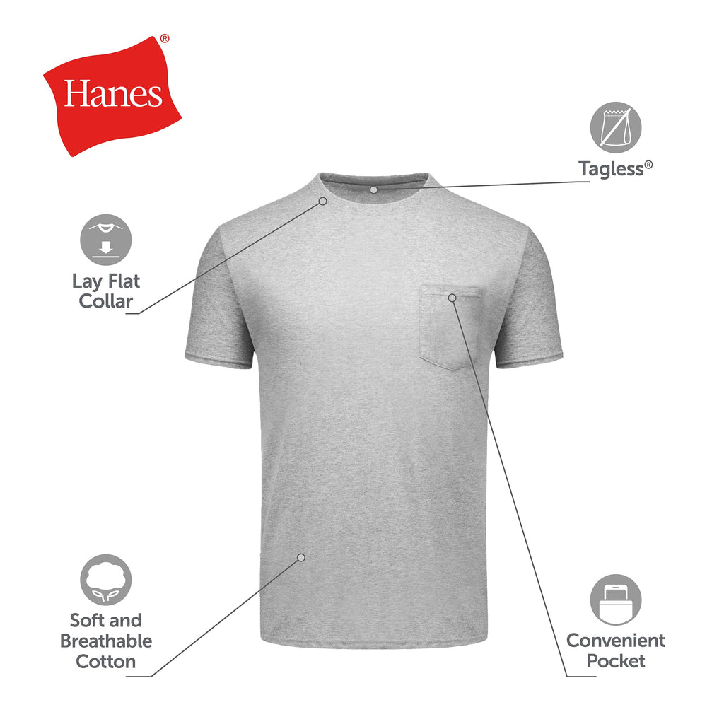 Hanes Men's Cotton Pocket T-Shirt, Moisture-Wicking with Odor Control, Assorted, 6-Pack