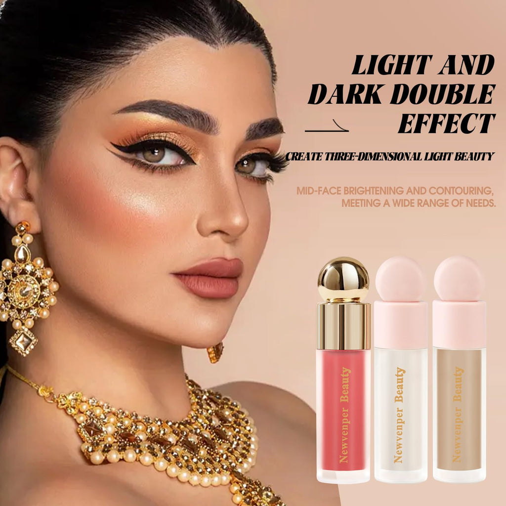 Liquid Contour,Liquid Highlighter, Blush with Face Brush Long Lasting Smooth Lightweight Smudge Proof Contour+ Blush+ Highlighter