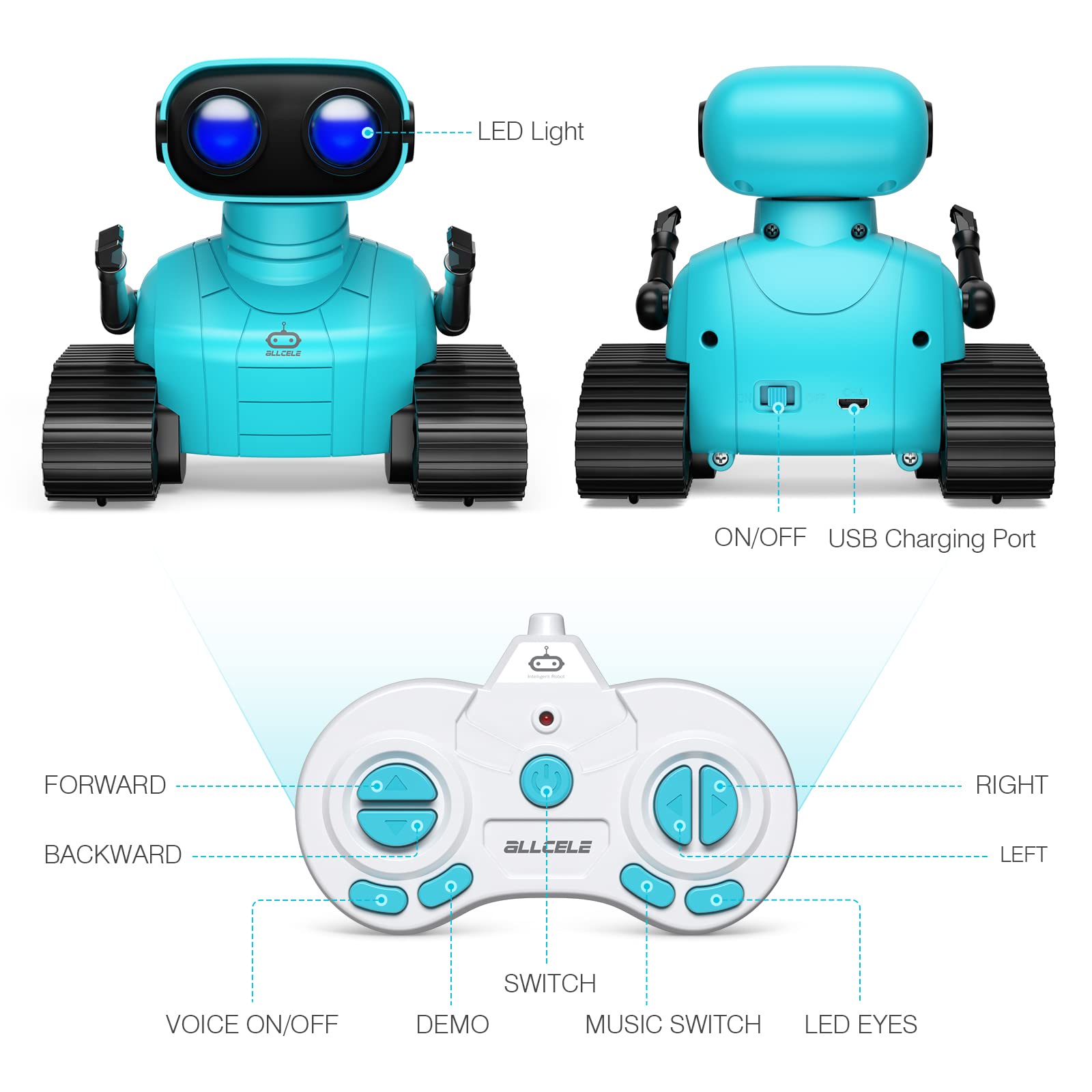 ALLCELE Robot Toys, Rechargeable RC Robots for Kids Boys, Remote Control Toy with Music and LED Eyes, Gift for Children Age 3 Years and Up - Blue