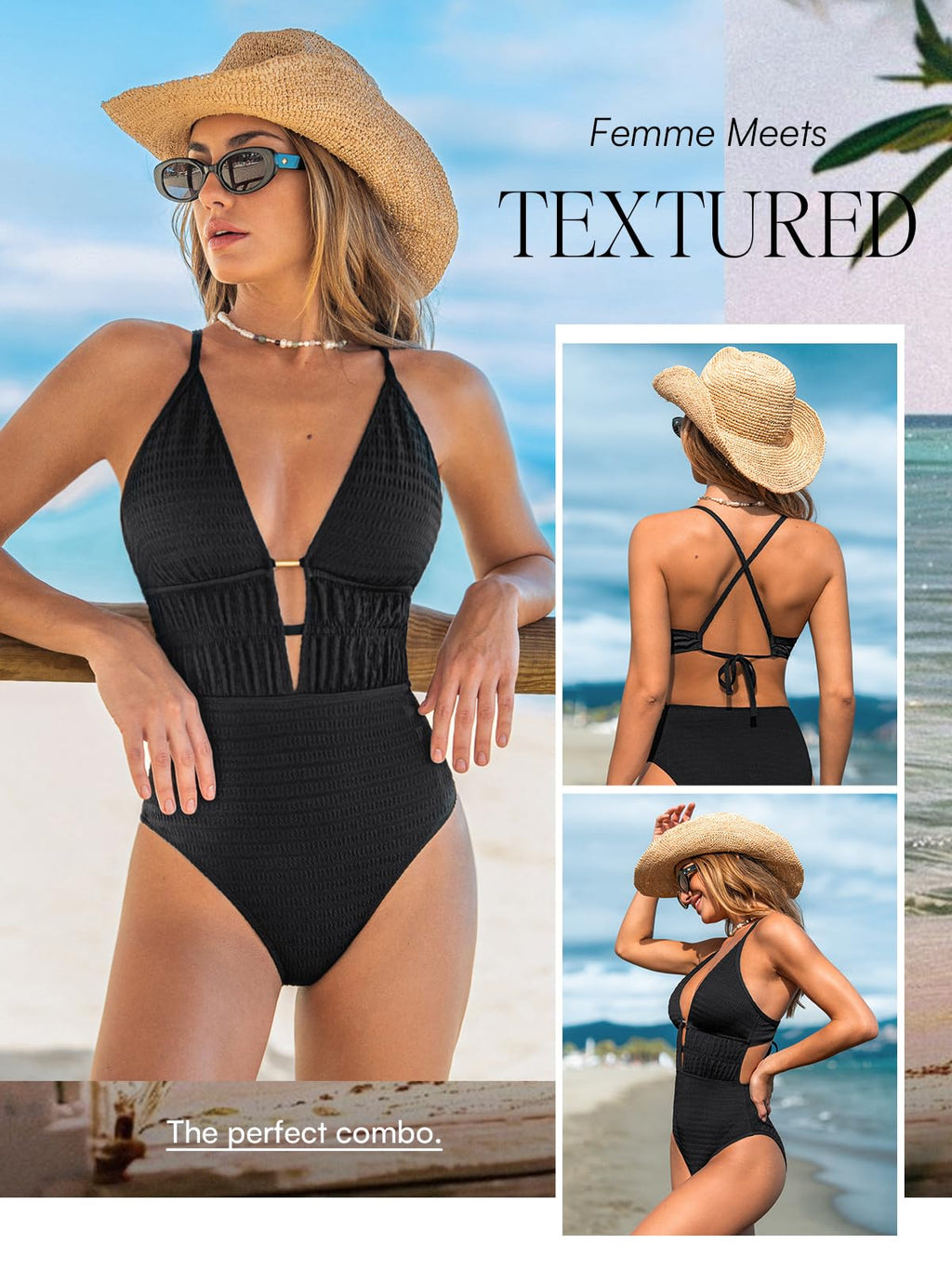 CUPSHE Women's One Piece Swimsuit Plunging Neck Cutouts Bathing Suit Textured Ruched Crisscross Back Self Tie Swimwear, M Black