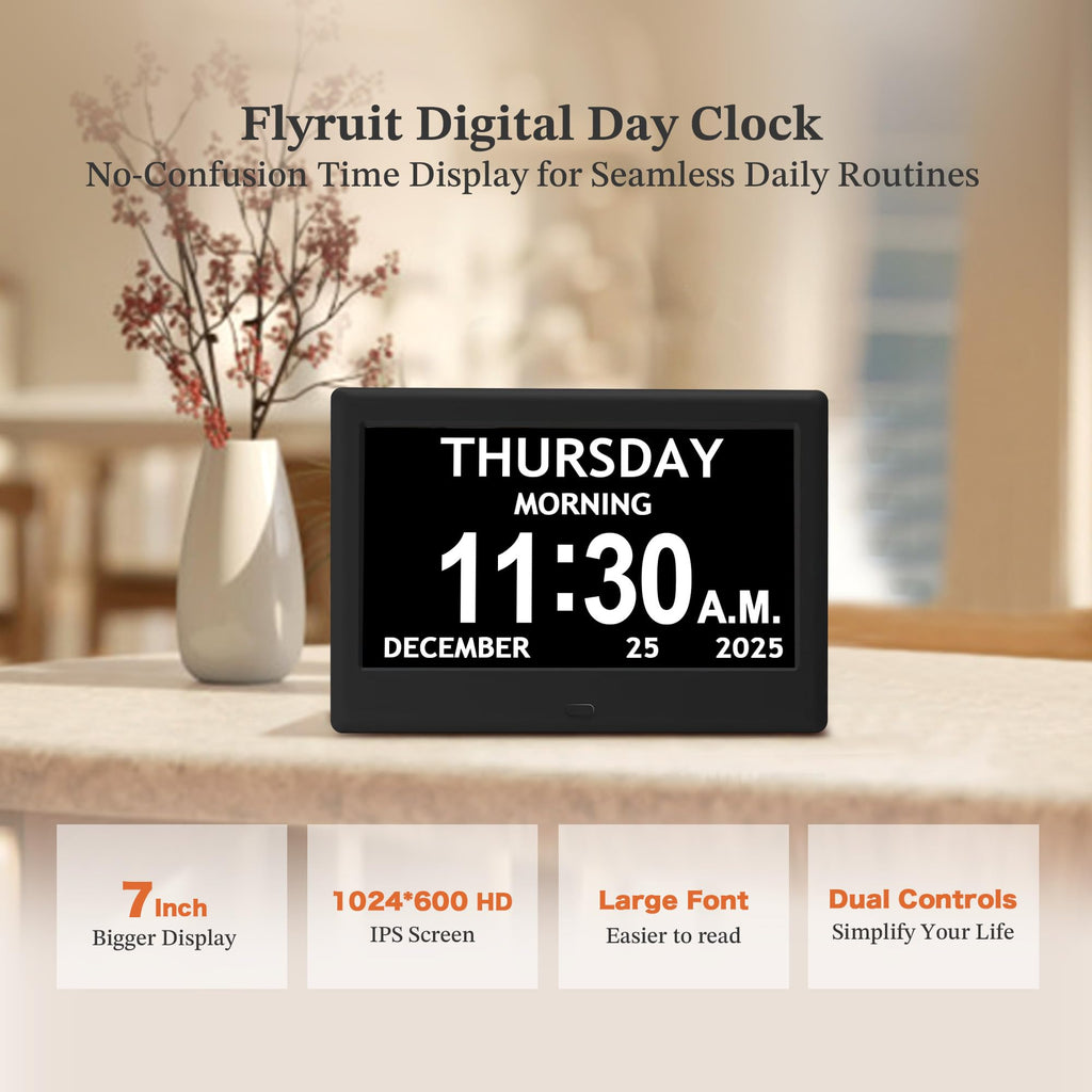 7'' Dementia Clock For Seniors, Large Display Digital Clock With Date, Time, Day Of Week for Elderly, Memory Loss, Alzheimer, 1024*600P HD, 10 Reminders & 6 Alarms, Auto Dimming & DST, Remote Control