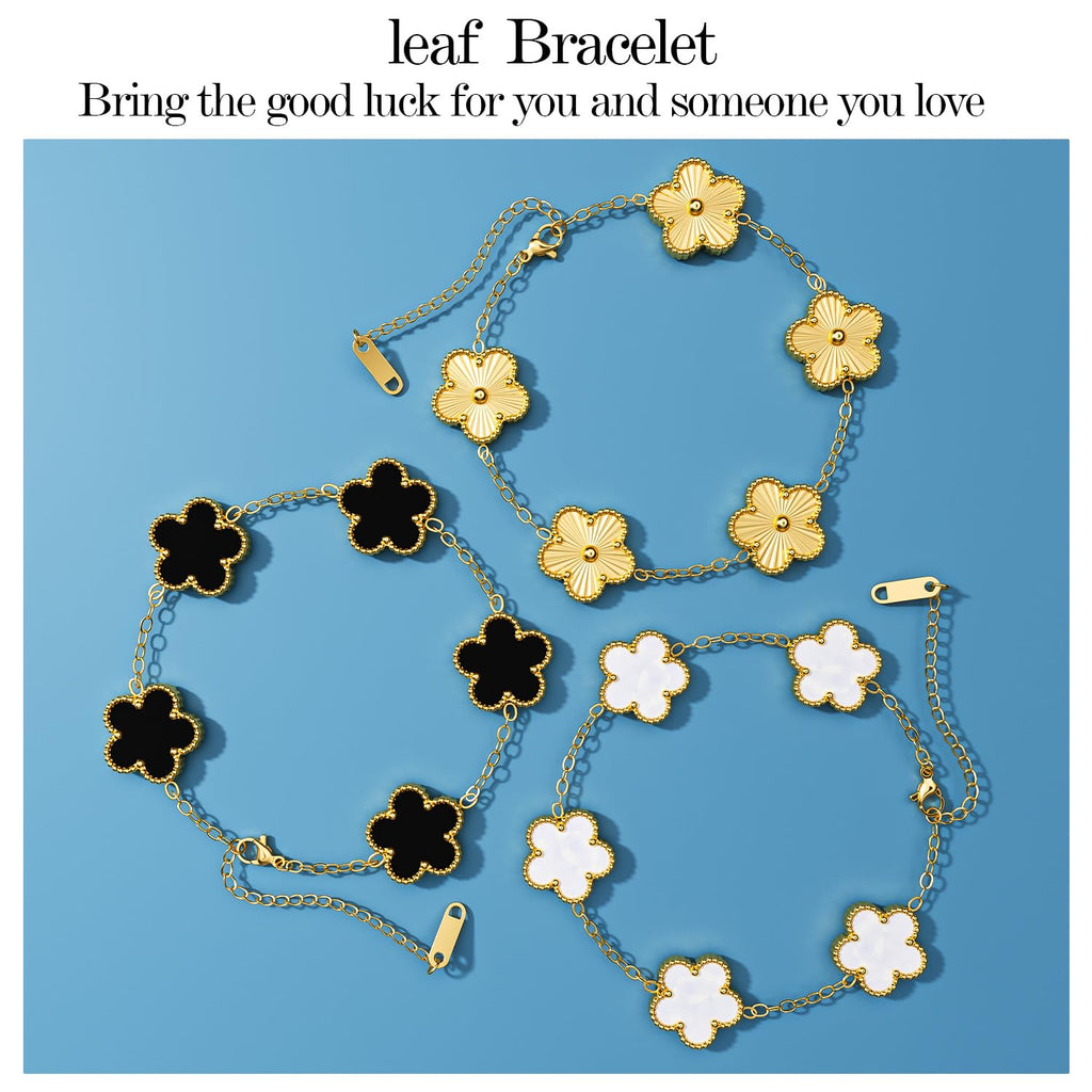 AICase 18K Gold Plated Clover Bracelet Dupes Gold/White/Black Bracelet Set for Women Flower Leaf Lucky Clover Bracelets Trendy Jewelry Birthday Gifts for Women/Mon/Friends