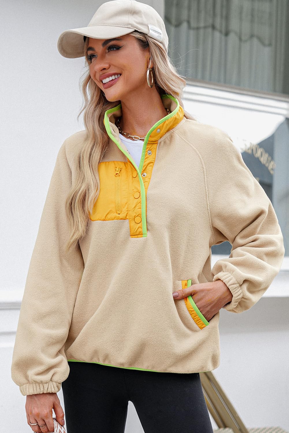 Dokotoo Womens Early Fall Fashion 2025 Fuzzy Fleece Color Block Sweatshirt Quarter Button V Neck Long Sleeve Loose Casual Cute Side Pockets Soft Pullover Sweatshirts Tops Outwear Coat Khaki Large