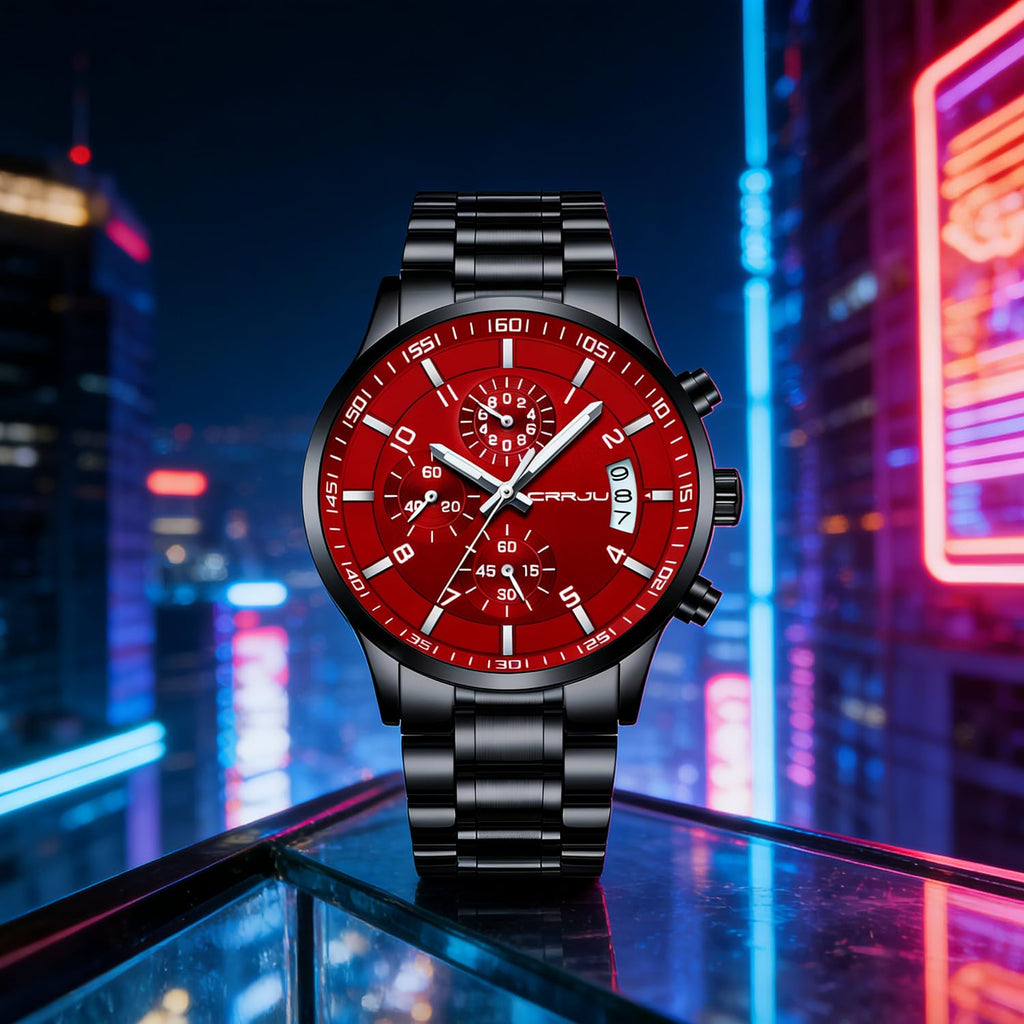 CRRJU Watches Men's Fashion Luxury Stainless Steel Watches Date Waterproof Chronograph Wristwatches,Casual Business Japan Movement Quartz Watch(Black red)