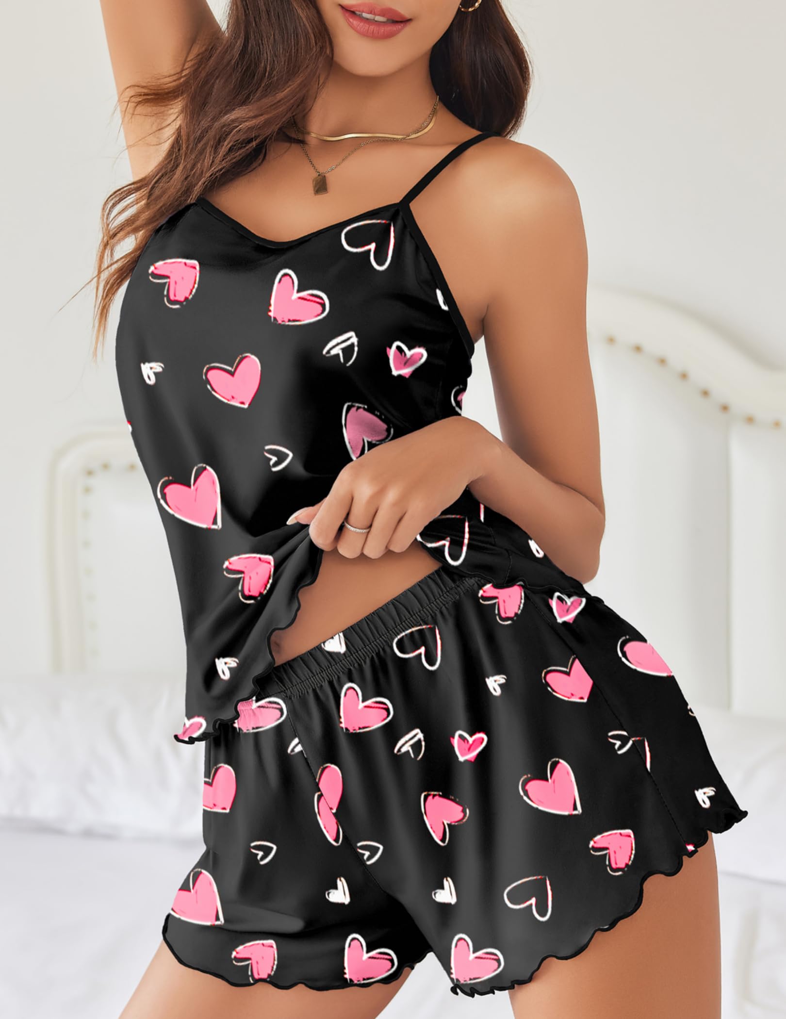 Ekouaer Womens Cami Pajama Sets 2 Piece Cute Print Pjs Soft Tank Top & Elastic Waist Shorts Camisole Lounge Set Pink Heart M