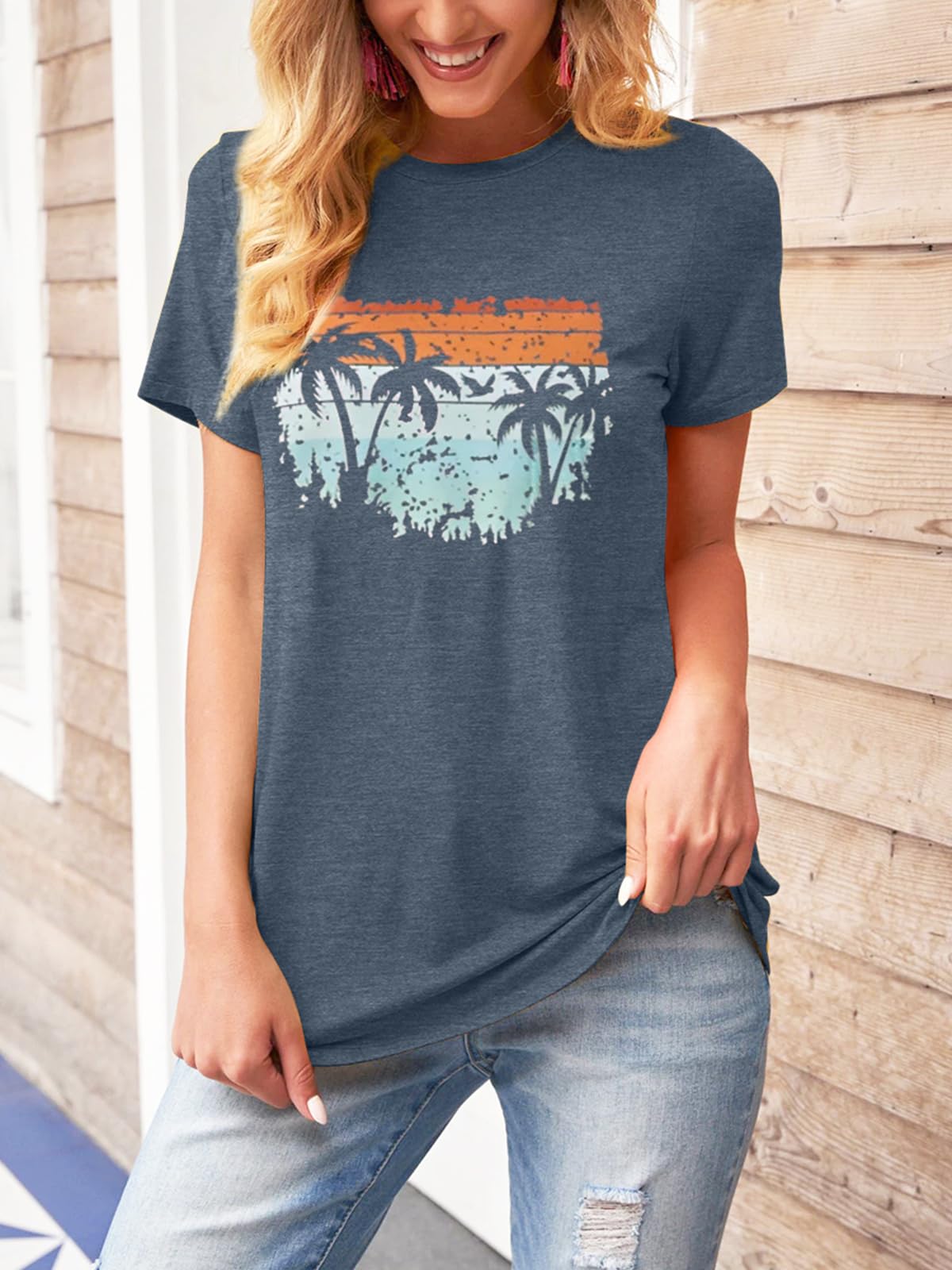 TAKEYAL Graphic Tees for Women Map Count Tree Print Short Sleeve T Shirts Summer Casual Tee Beach Vacation Top (Blue Gray, L)