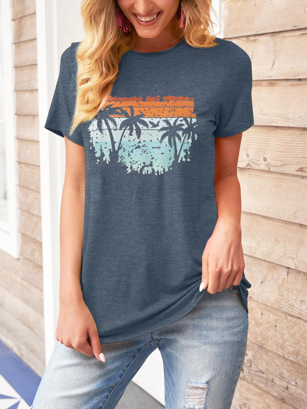 TAKEYAL Graphic Tees for Women Map Count Tree Print Short Sleeve T Shirts Summer Casual Tee Beach Vacation Top (Blue Gray, M)
