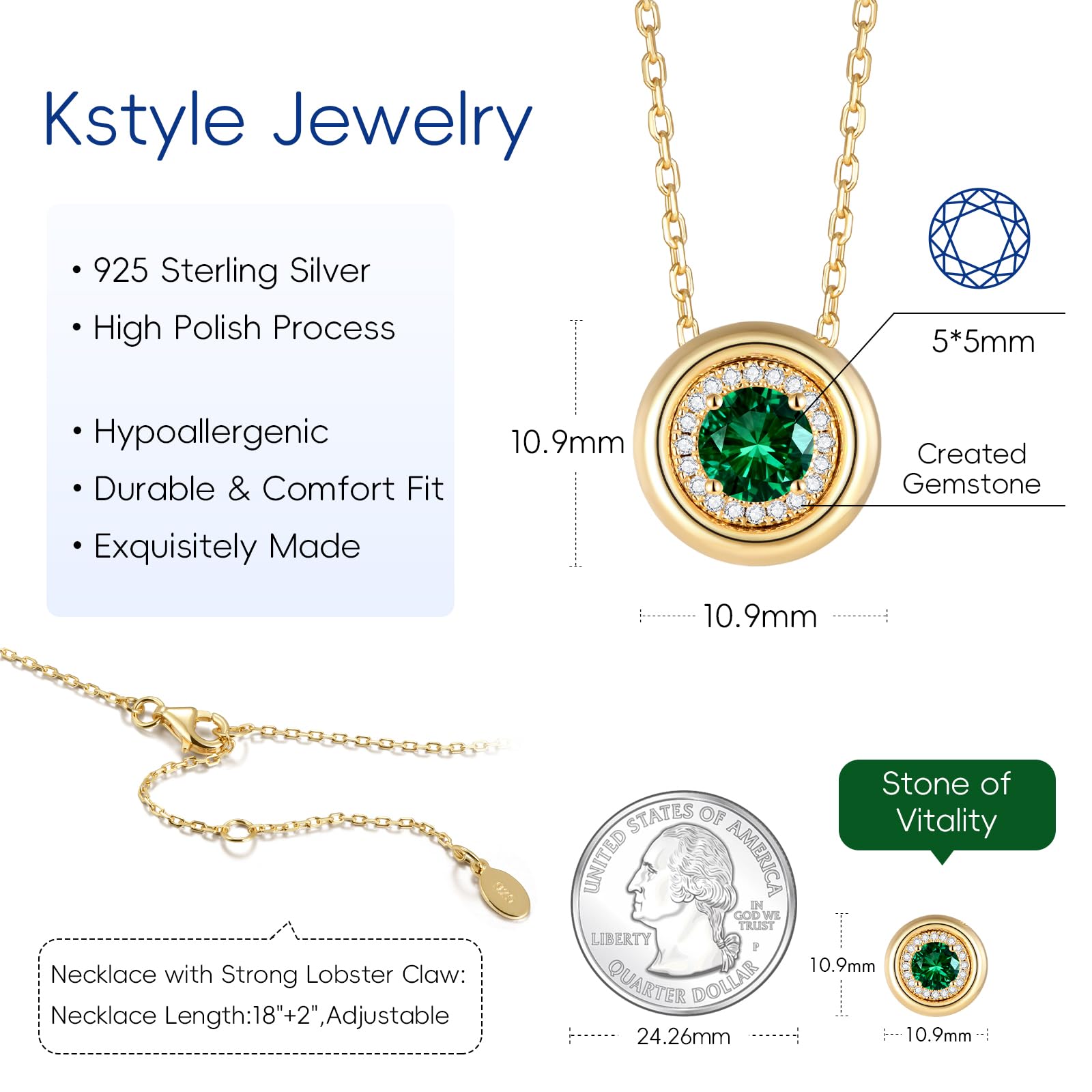 May‌ Emerald Birthstone Necklaces for Women 14K Gold Plated 925 Sterling Silver Round Emerald Pendant Necklace Anniversary Jewelry Gifts