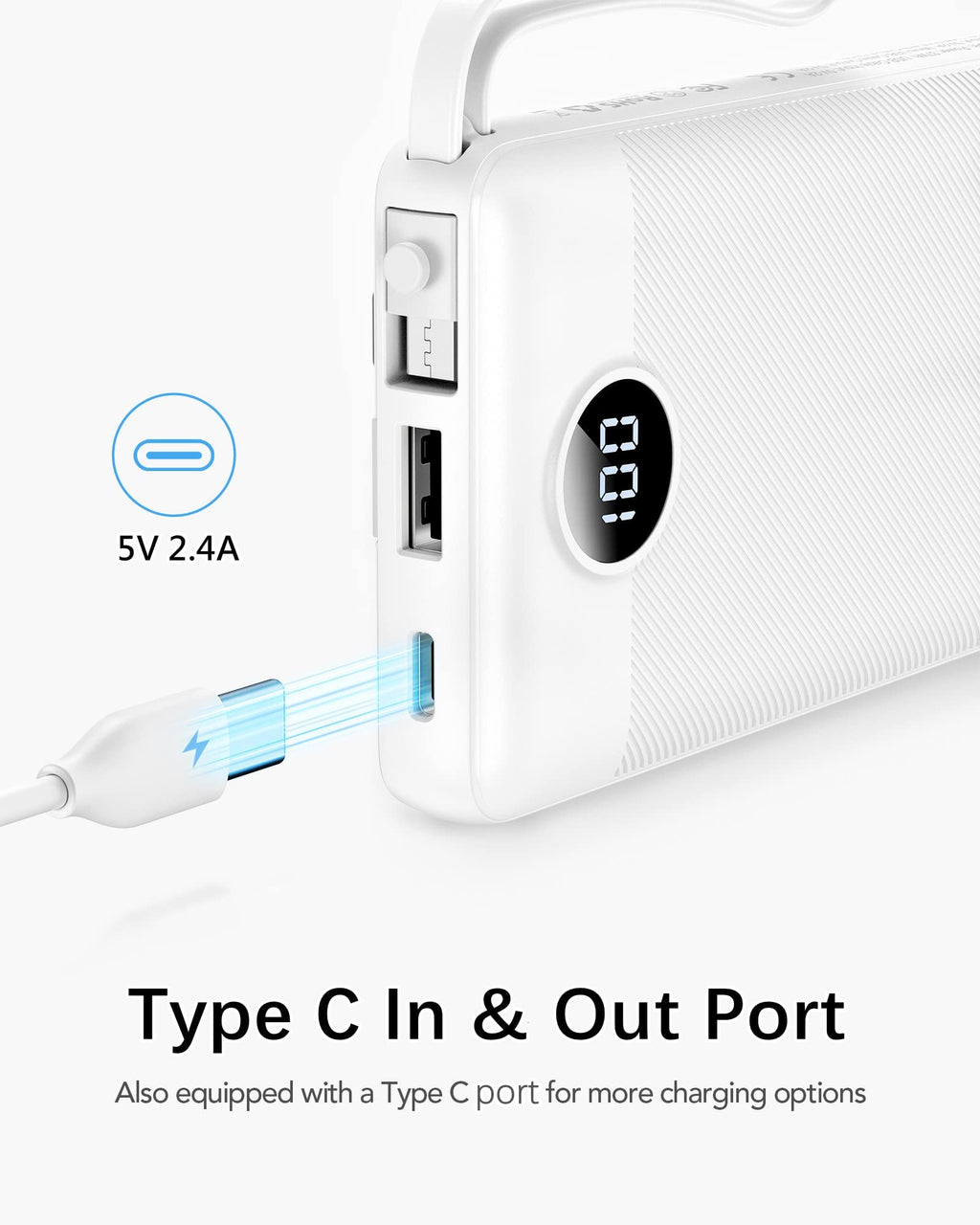 VRURC Portable Charger Built in Cables, Slim Power Bank 10000mAh, Multi Devices Charging Bank with Lanyard, USB C Battery Pack 5 Outputs for iPhone 17 Pro 17 16 15 14 13, Samsung Phones-White(1 Pack)