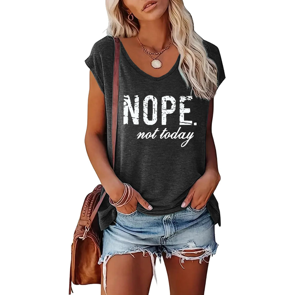 YITAN Women Nope Graphic T-Shirt V-Neck Cap Sleeve Tops Dark Grey Small