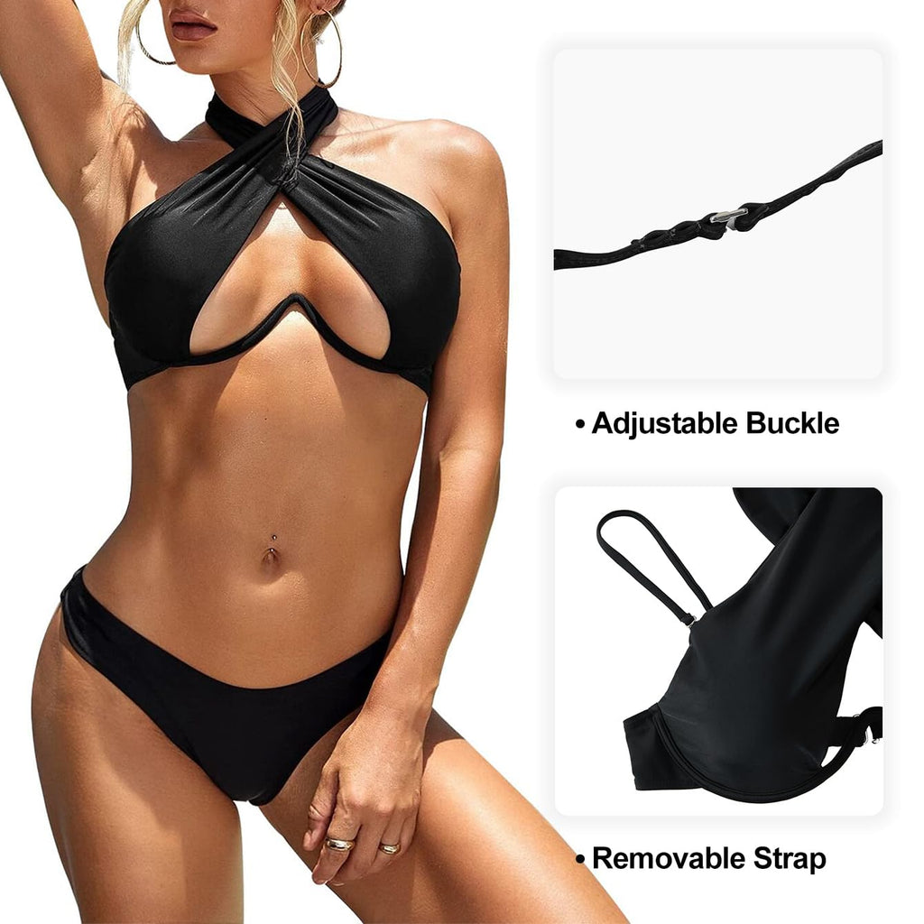Lilosy Sexy Cute Underwire Push Up Cutout Halter Criss Cross High Cut Leg Thong Brazilian Bikini Swimsuit Set Women Cheeky Bottom Bathing Suit 2 Two Piece Black Medium
