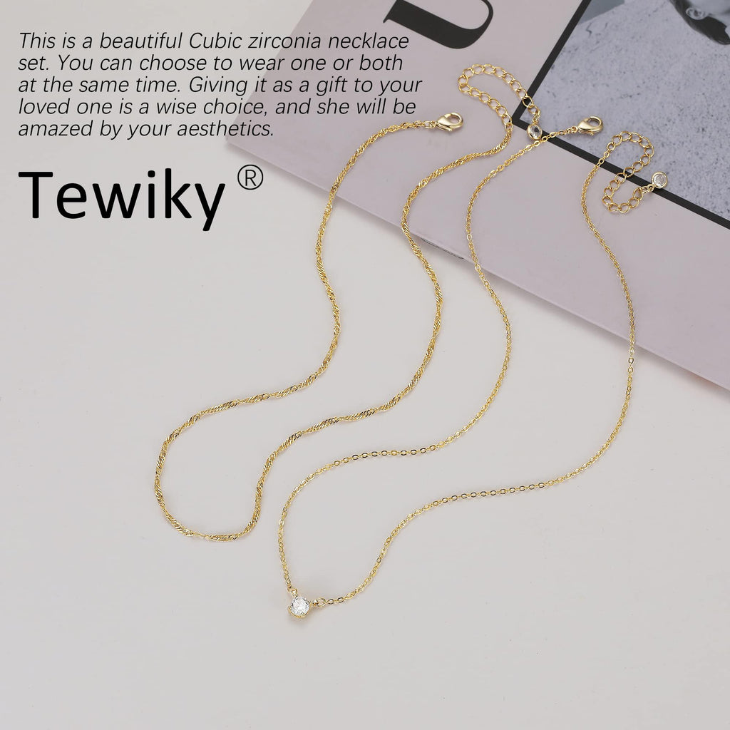 Tewiky Dainty Layered 14K Gold Plated Cubic Zirconia Necklace for Women, Simple Solitaire Pendant Chain Choker Necklaces Set Cute CZ Trendys Gold Jewelry Gift