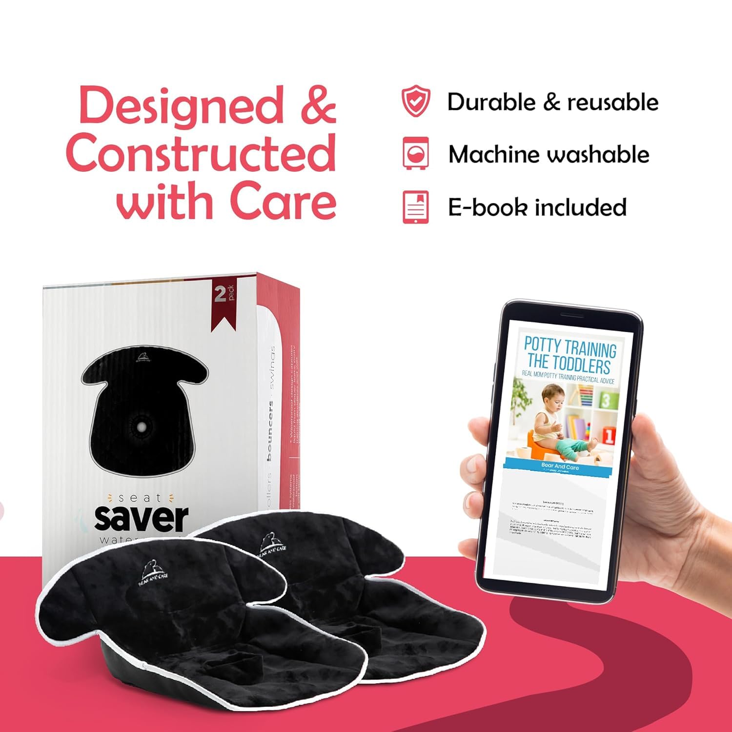 Bear and Care - Piddle Pads - Strollers, Bouncers & Car Seat Pad, Waterproof & Machine-Washable Cover on Car Potty for Toddler Toilet Training (Black, 2 Count (Pack of 1))