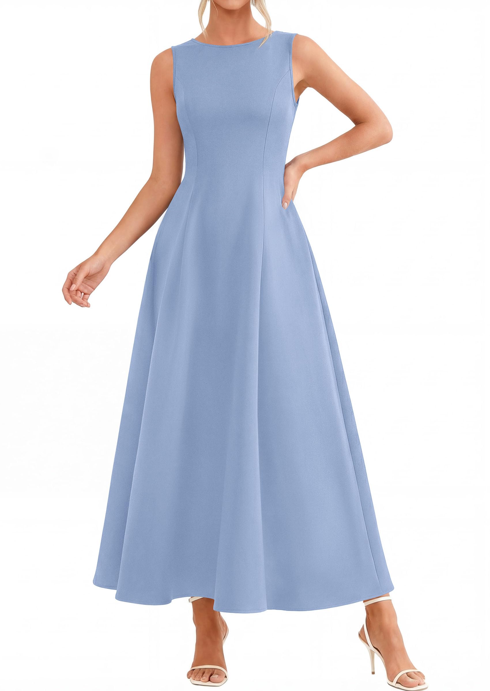 PRETTYGARDEN Women's Maxi Dress Summer Wedding Guest 2026 Spring A Line Long Tank Flowy Modest Sleeveless Cocktail Dresses (Light Blue,X-Large)