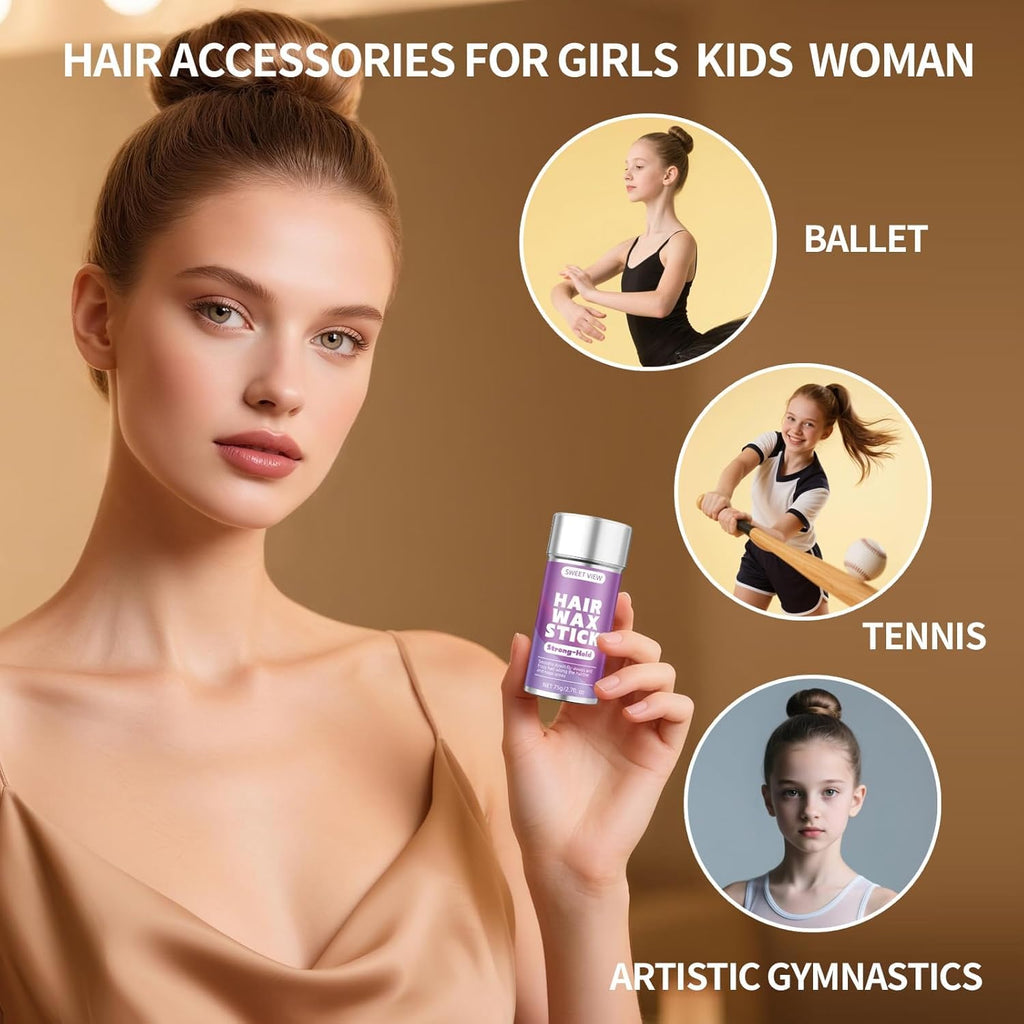SWEET VIEW Hair Wax Stick & Slick Back Hair Brush for Tame Flyaways, Frizz, Sleek Ponytails, Buns | Pomade/Balm/Gel Stick for Woman, Styling Accessories for Girls