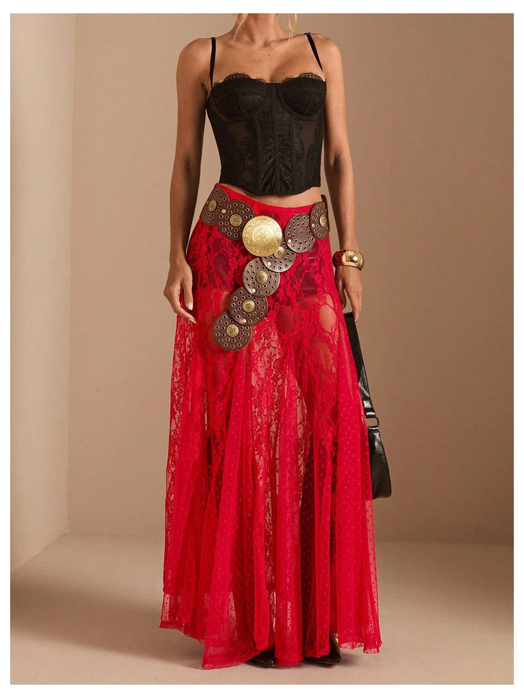 WDIRARA Women's Sexy See Through Sheer Lace Maxi Skirt Low Waist Ruffle Hem A Line Flowy Skirt Red Small