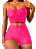 Lilosy High Waisted Tummy Control Drawstring Bikini Set String Swimsuit Cami Top and Tie Side Shorts 2 Piece Women Bathing Suit Hot Pink Small