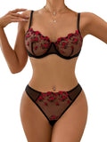 Lilosy Petite Women Sexy Floral Embroidered Mesh Sheer Underwire Push Up Lingerie Set See Through Bra and Panty 2 Piece Flower Flower Black Red XX-Small