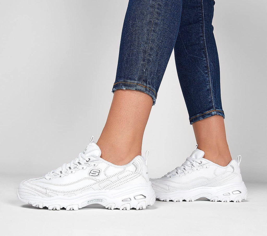 Skechers Women's D'lites Fresh Start Memory Foam Lace-up Sneaker, White/Silver, 9 Wide