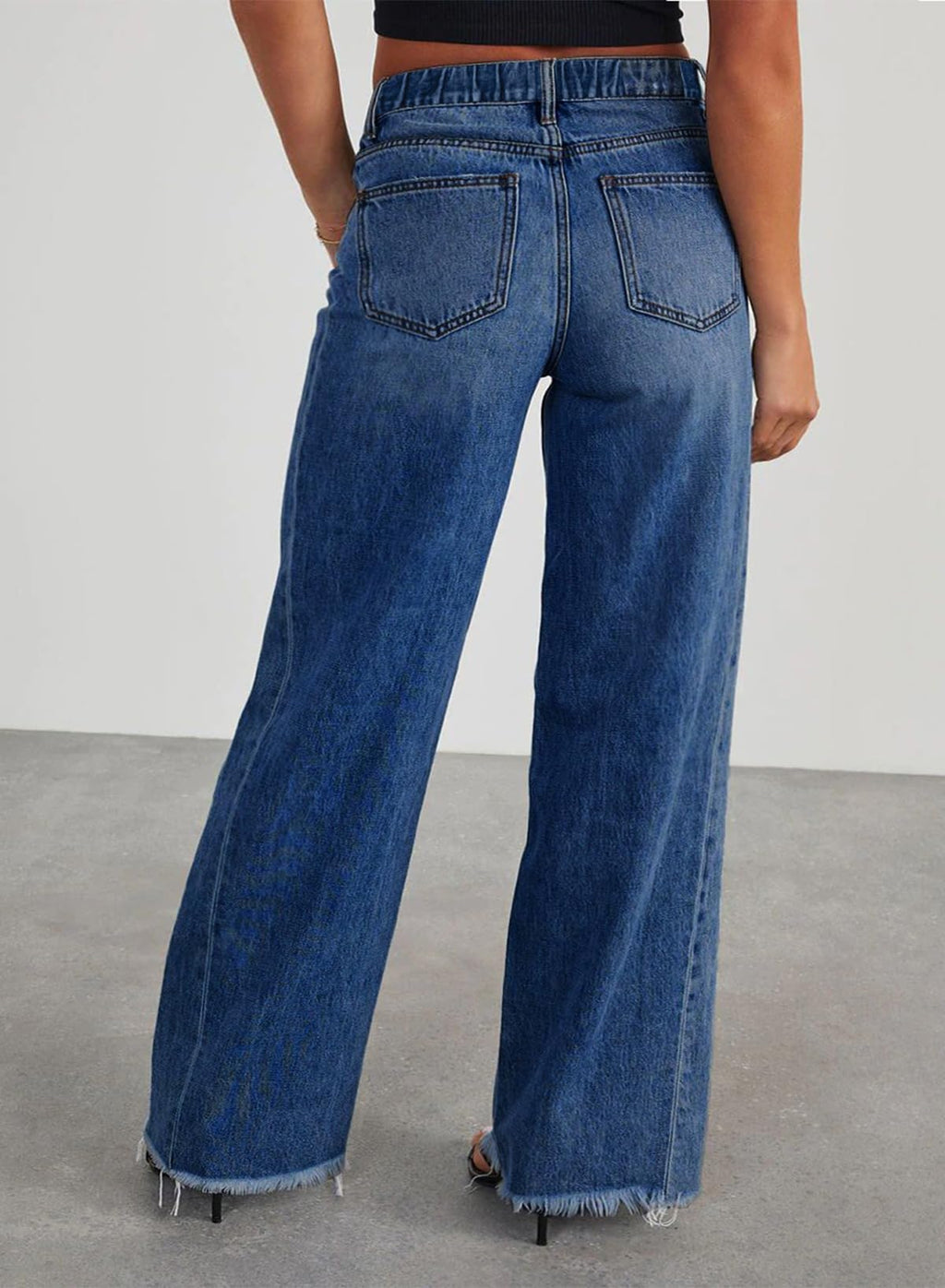 Eytino Womens Plus Size Jeans Stretchy High Waisted Casual Wide Leg Raw Hem Denim Pants with Pockets,3X Bluing
