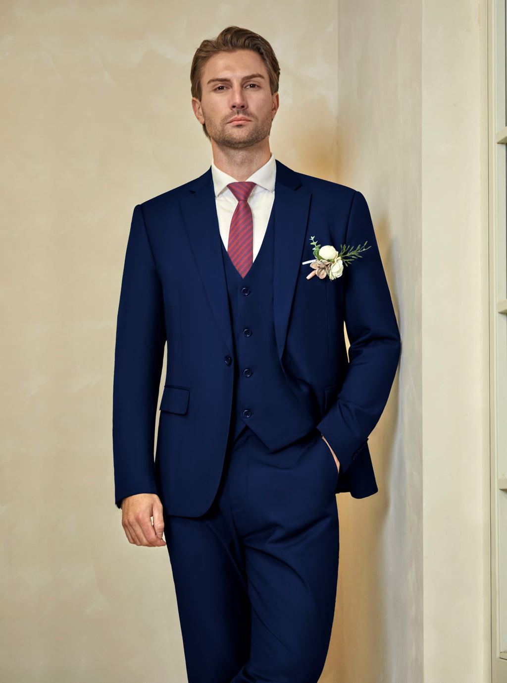 WULFUL Men’s Slim Fit Suit One Button 3-Piece Blazer Dress Business Wedding Party Jacket Vest & Pant Blue