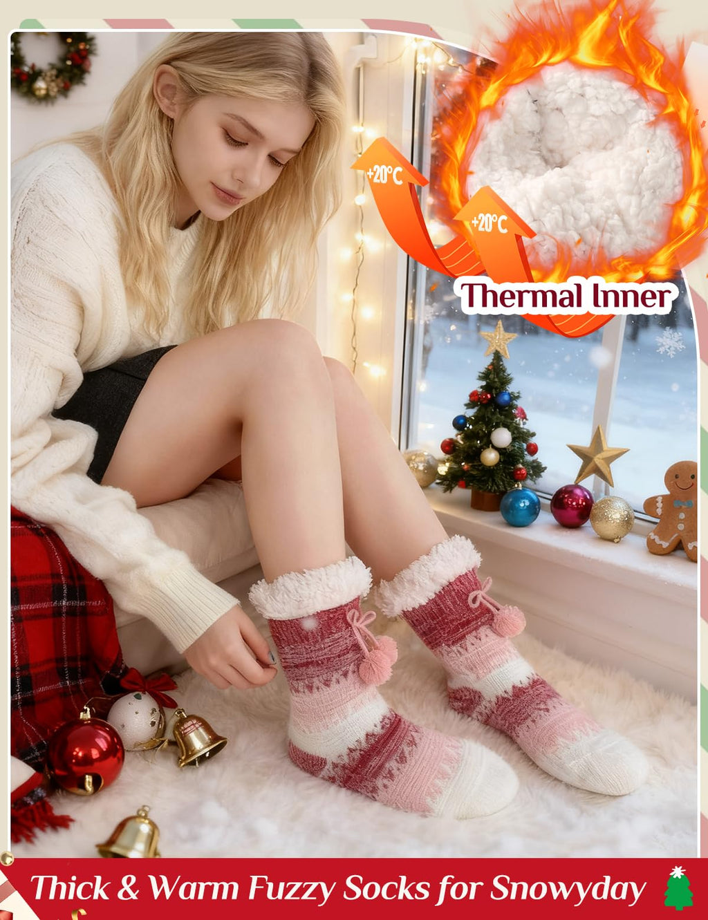 Zpophue Fuzzy Slipper Socks with Non-Slip Grippers for Women & Men - Valentines Fluffy Socks with 2 Sizes