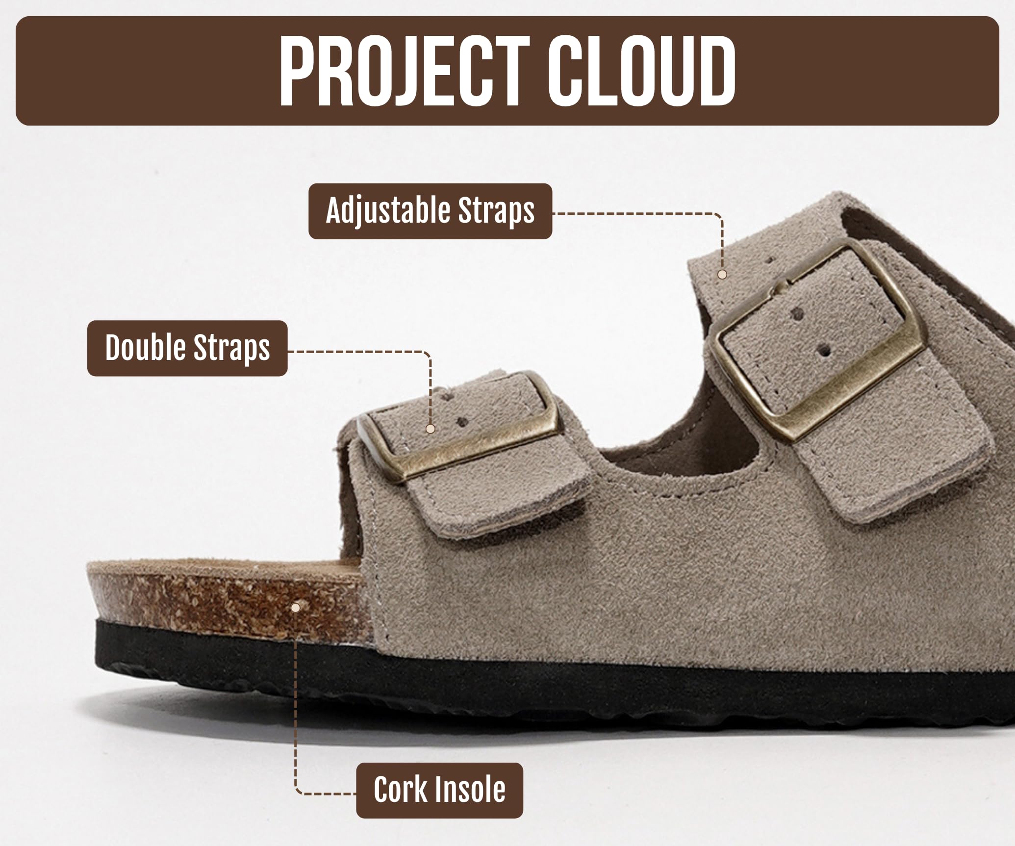 Project Cloud 100% Genuine Leather Flat Sandals For Women 2026 Cork Footbed Womens Sandals with Memory Foam and arch support Vacation Essentials Slides for Women Footwear (Venita, taupsu, 8)