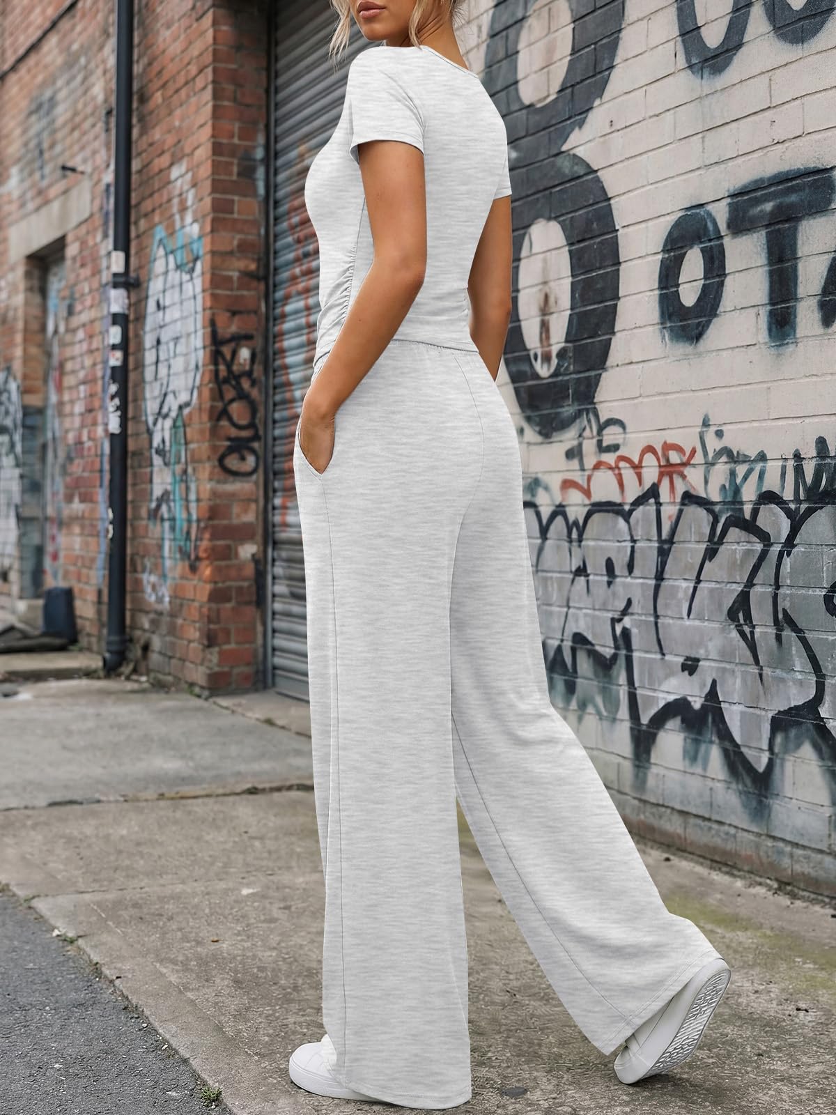 Trendy Queen Womens 2 Piece Sets Lounge Matching Set Cruise Casual Vacation Outfits Summer Airport Workout Gym Clothes Spring Fashion 2026 Teen Girl Wide Leg Pants Athletic Travel Tops Oatmeal Grey M