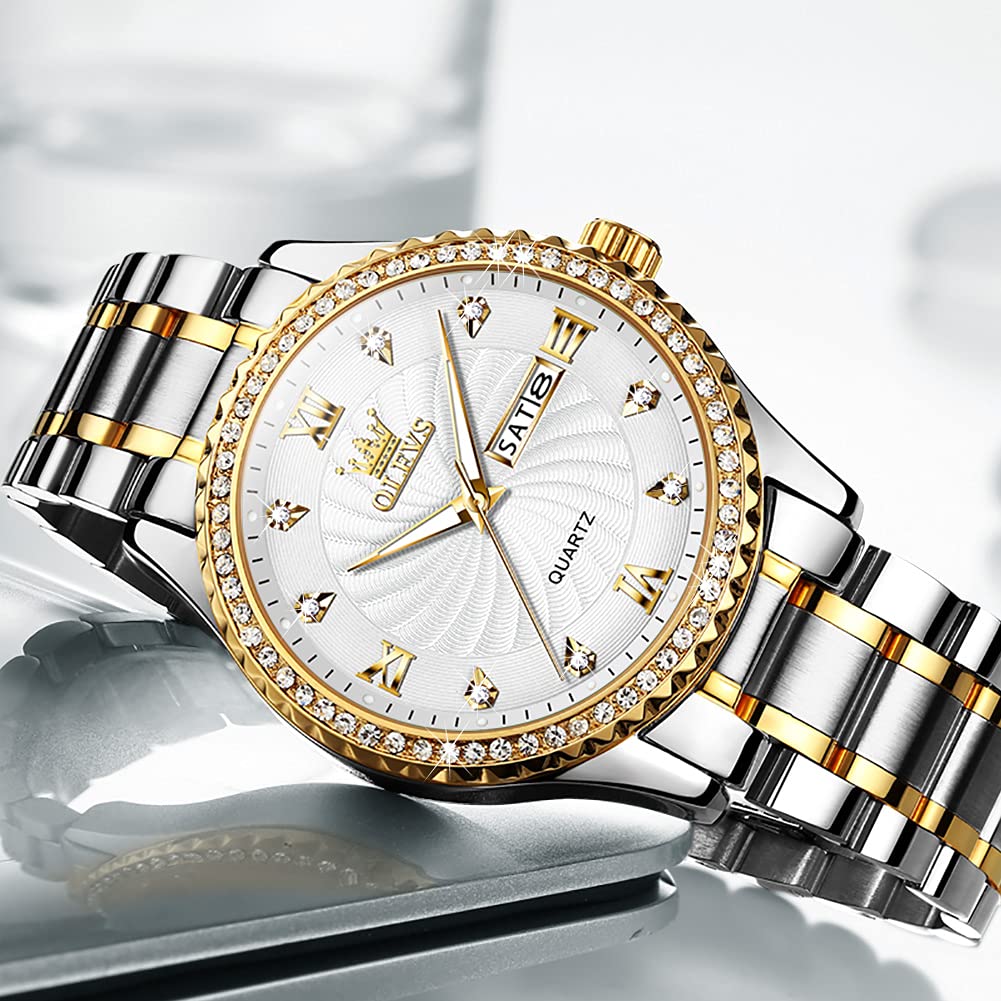 OLEVS Watch for Men Silver Stainless Steel Diamond Male Watches Analog Quartz Luminous Date Day Mens Watch Gift