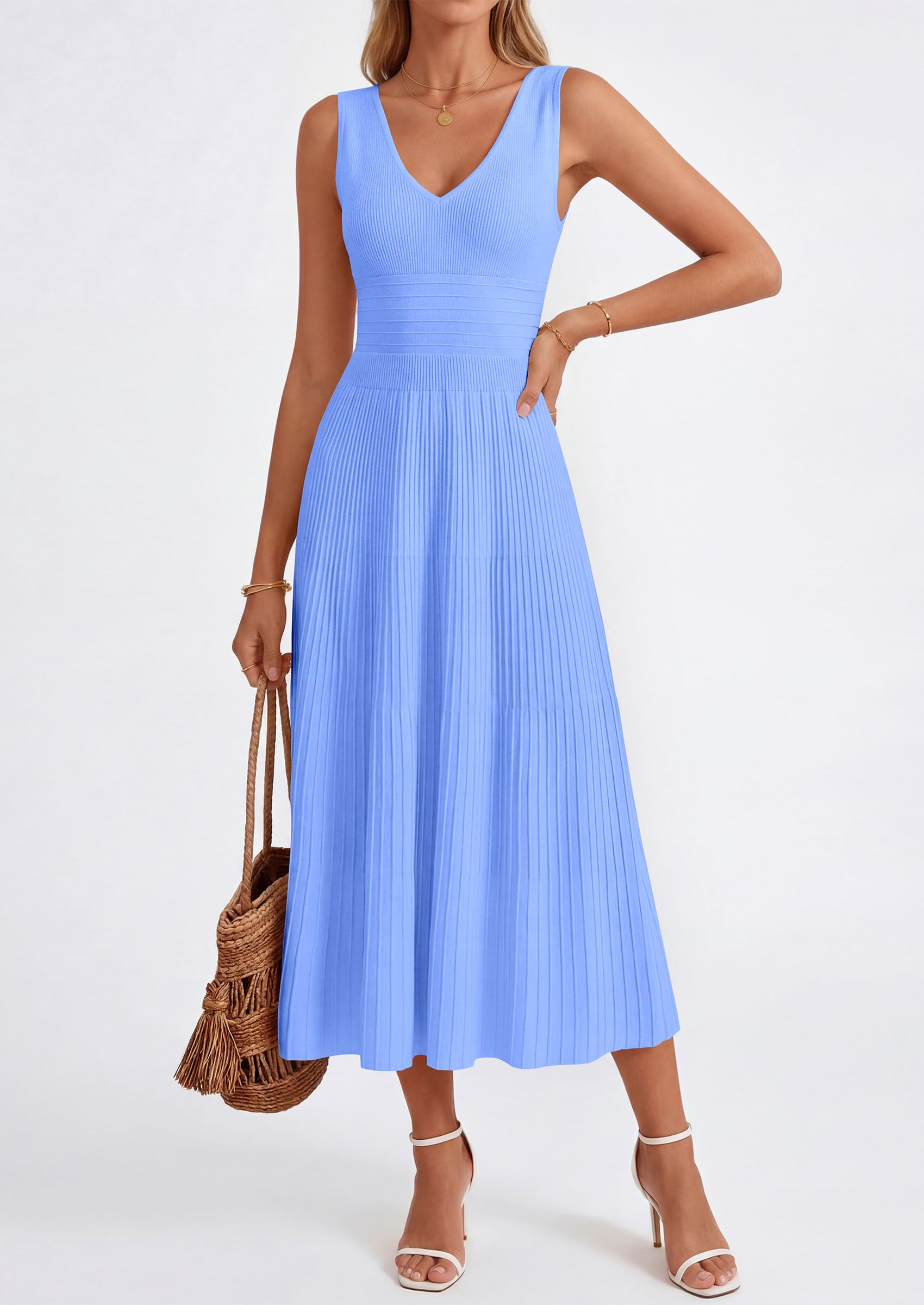 PRETTYGARDEN Summer Dresses for Women 2026 Spring Casual Sleeveless V Neck Pleated Midi Work Cocktail Wedding Guest Dress(Light Blue,X-Large)