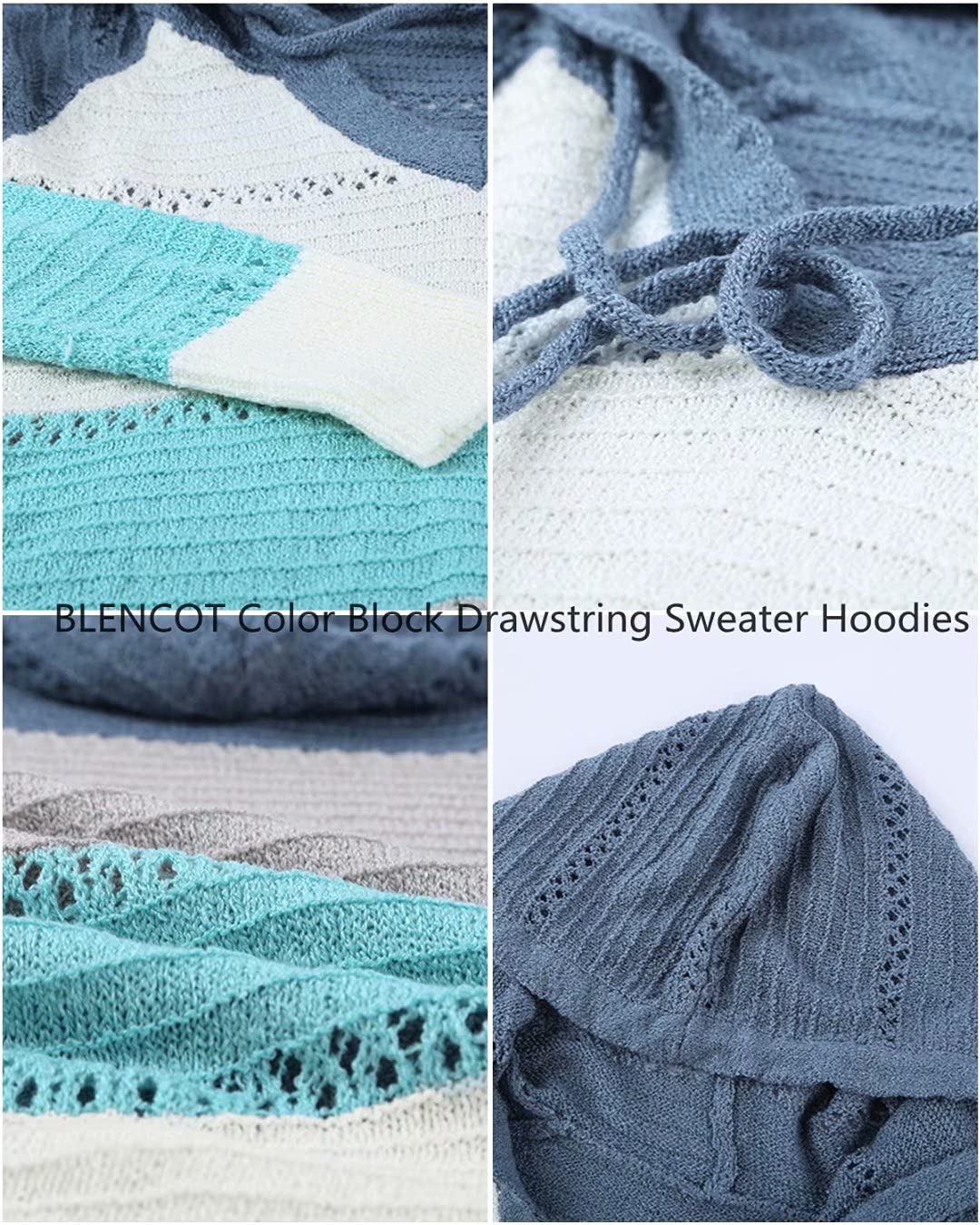 BLENCOT Women's Casual Color Block Hoodies Sweater Long Sleeve Drawstring Pullover Sweatshirts Fashion Knitted Tops Blue L