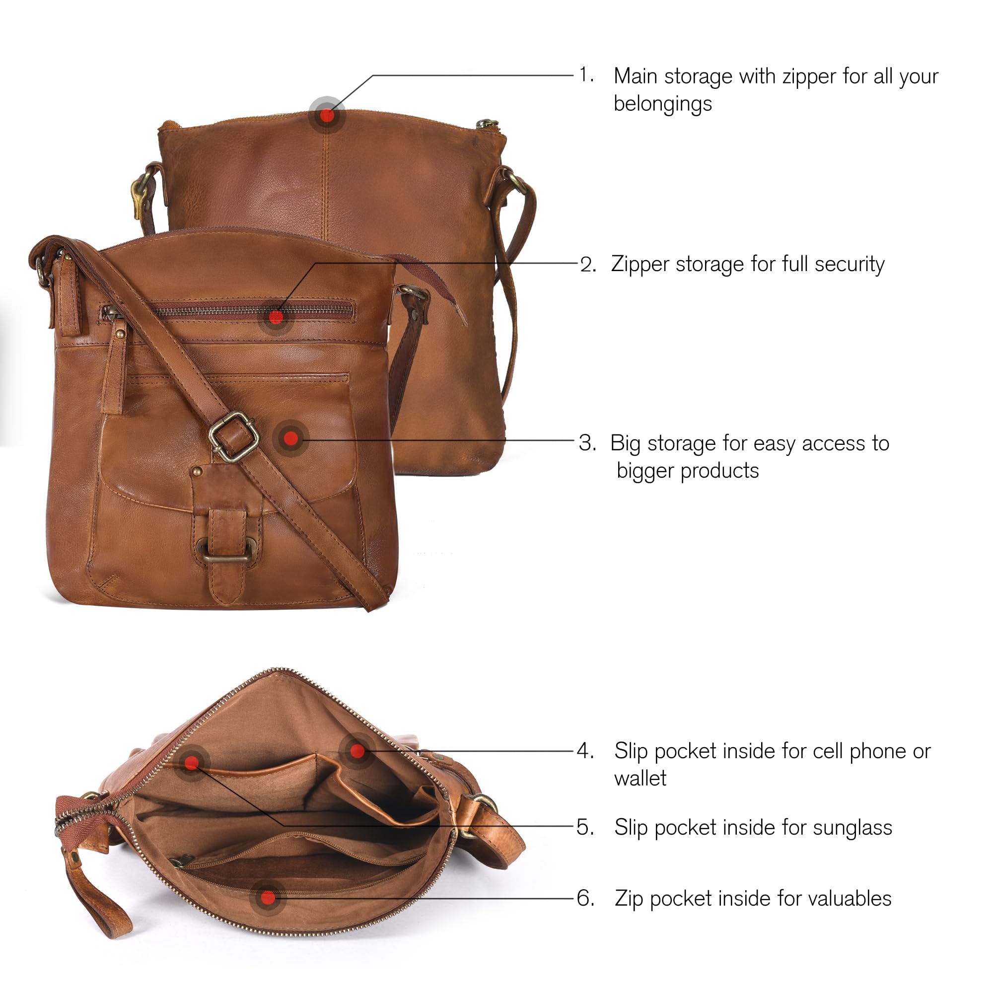 Oak Leathers Leather Crossbody Bag For Women With Adjustable Sling Strap - Medium Size Crossover Shoulder Handbag Purse (Tan Wash)