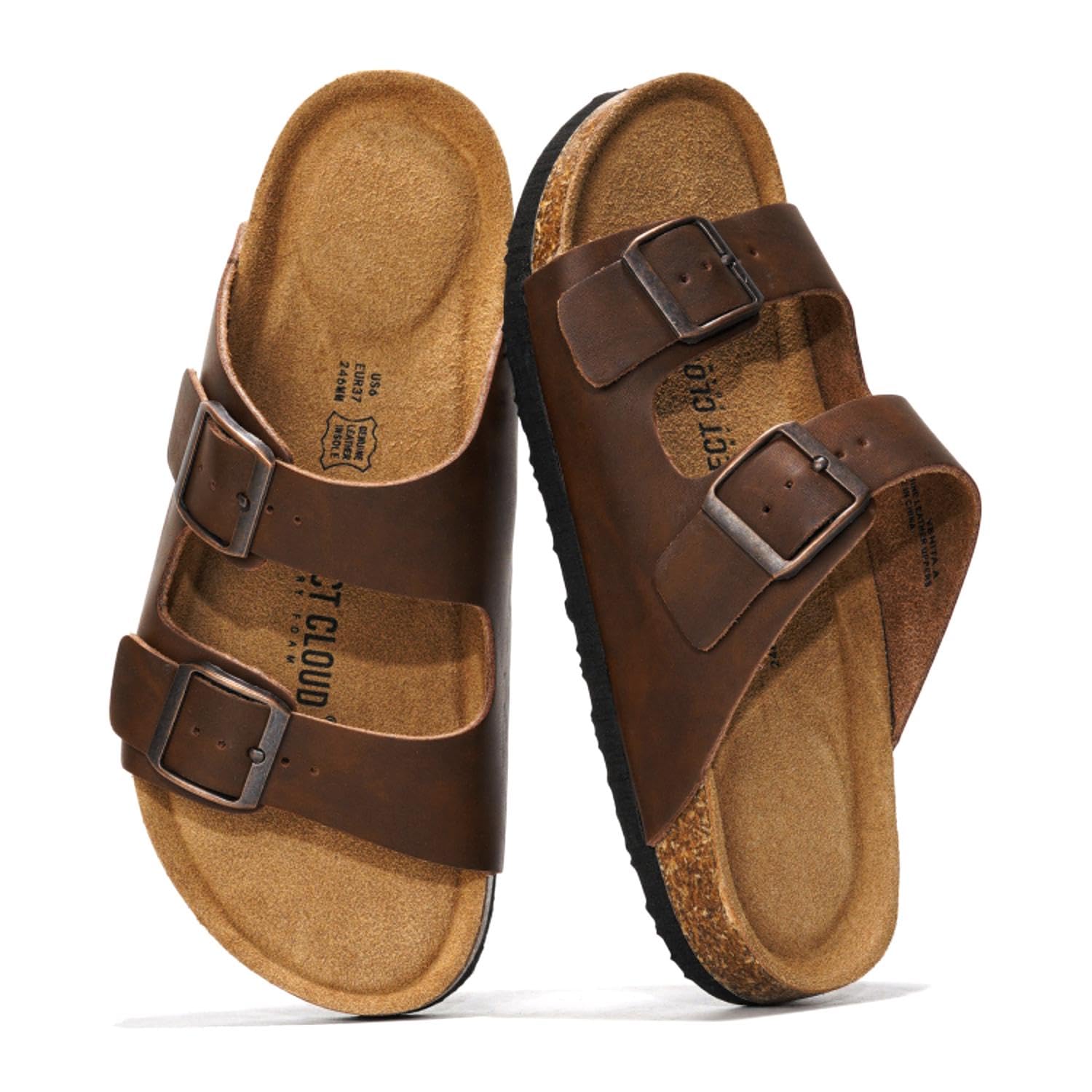 Project Cloud 100% Genuine Leather Flat Sandals For Women 2026 Cork Footbed Womens Sandals with Memory Foam and arch support Vacation Essentials Slides for Women Footwear (VenitaWD,TANDIS,8.5)