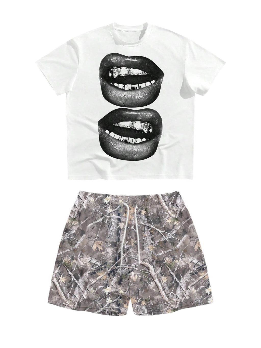WDIRARA Men's 2 Piece Outfit Short Sleeve Lip Graphic Tees Camo Shorts Set Streetwear Outfits Multicolor Medium